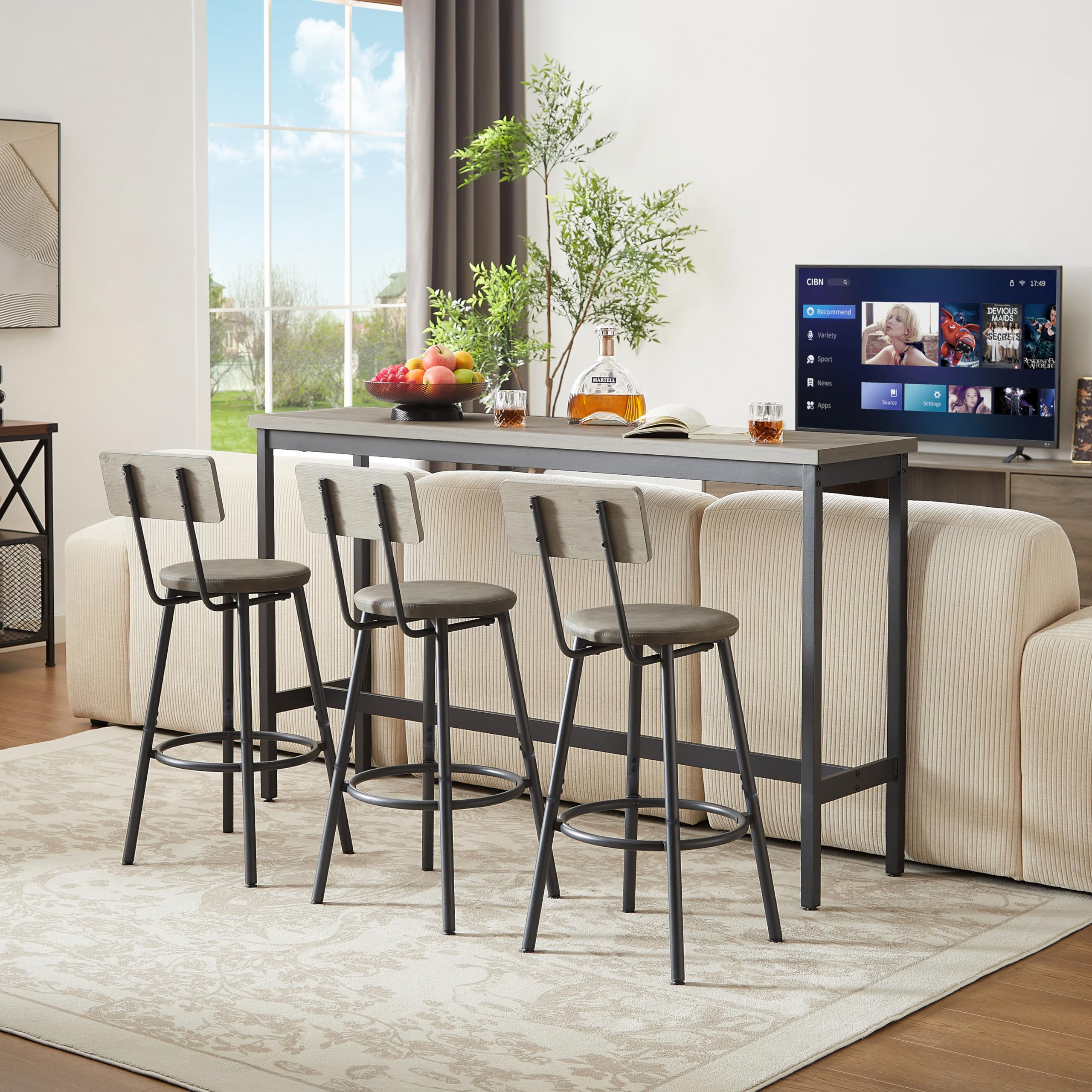 KEIKI Long Bar Table Set with 3 PU Upholstered Bar Stools, Industrial Counter Height Dining Table and Chair Sets for Kitchen, Living Room, Small Space, Grey