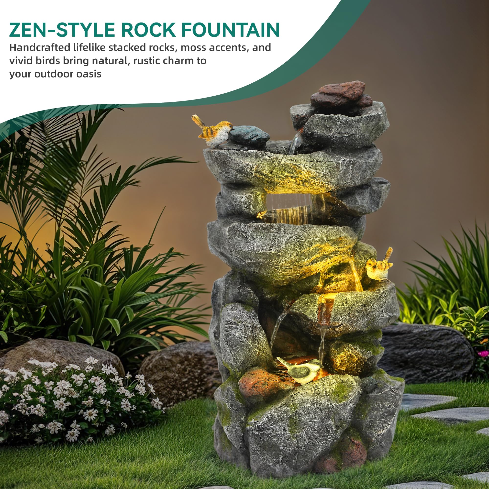 Ultym 31.5" Multi-Tier Rock Outdoor Water Fountain with LED Lights, Cascading Waterfall with Birds for Garden Patio Porch, Weather-Resistant Resin Water Feature for Tranquil Oasis