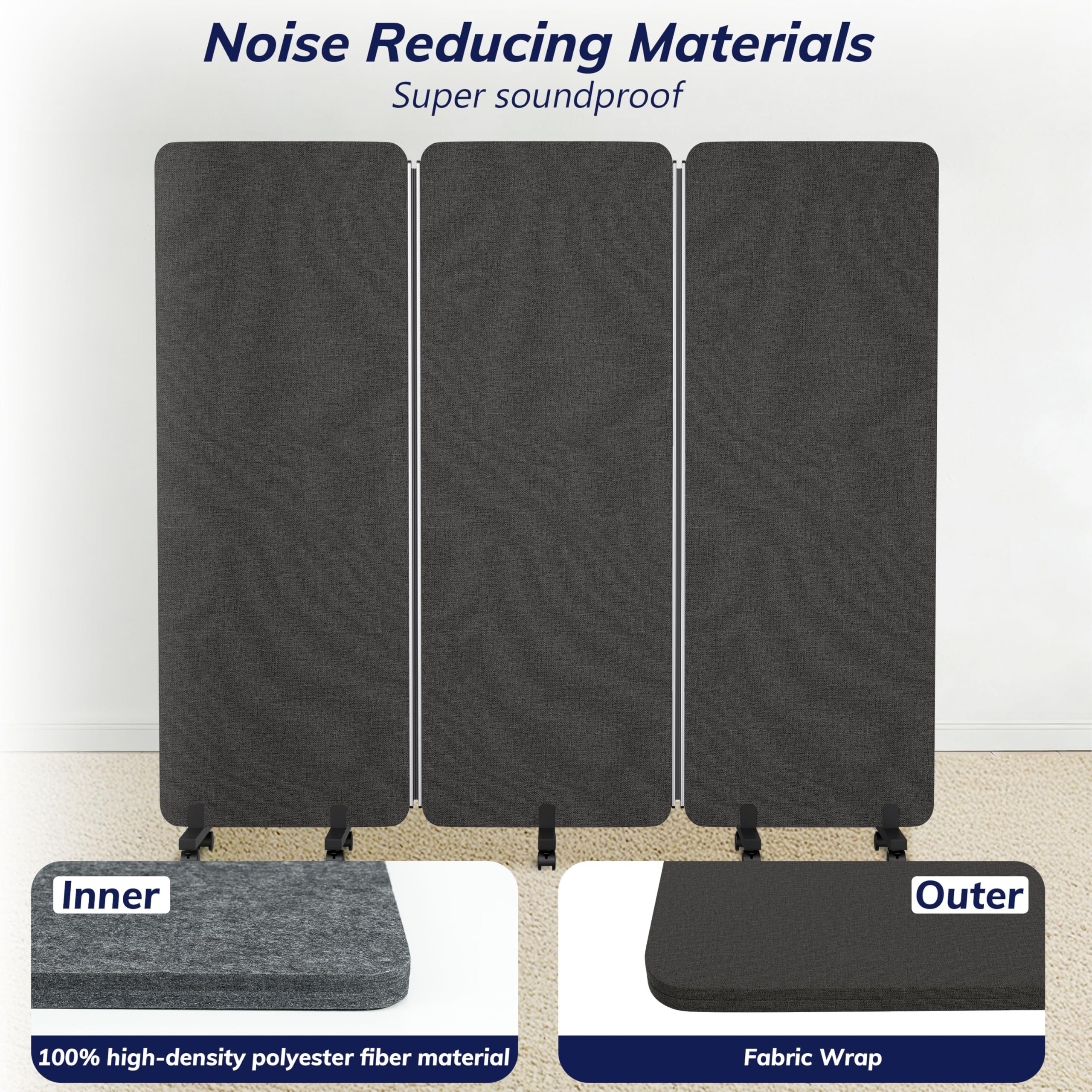 KERRAM 3 Panel Foldable Office Partitions, Mobile Cubicle Wall with Wheels, 71 x 66 Inch Noise Cancelling & Sound Proof Room Dividers Partition Wall, Aluminum Frame Dark Gray