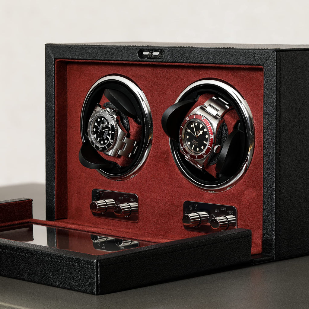 ROTHWELL Double Watch Winder for Automatic Watches with Quiet Motor with Multiple Speeds and Rotation Settings (Black/Red)