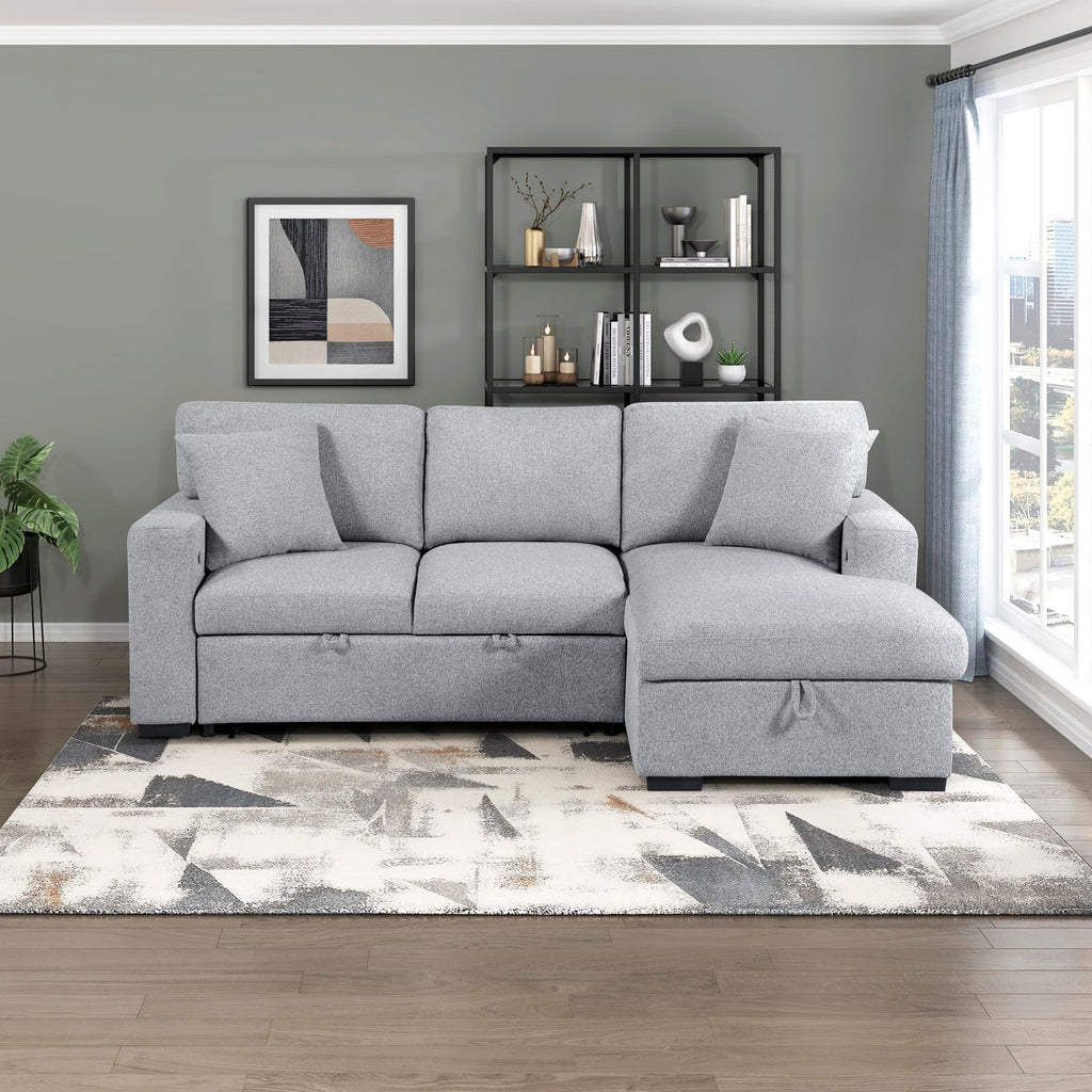 Lexicon 92.5" W L Shape Sectional Couch with Right Storage Chaise and Pull Out Sofa Bed, Sectional Sleeper Sofa with Memory Foam Seat Cushion, Charging Port, Storage Shelf for Living Room, Gray