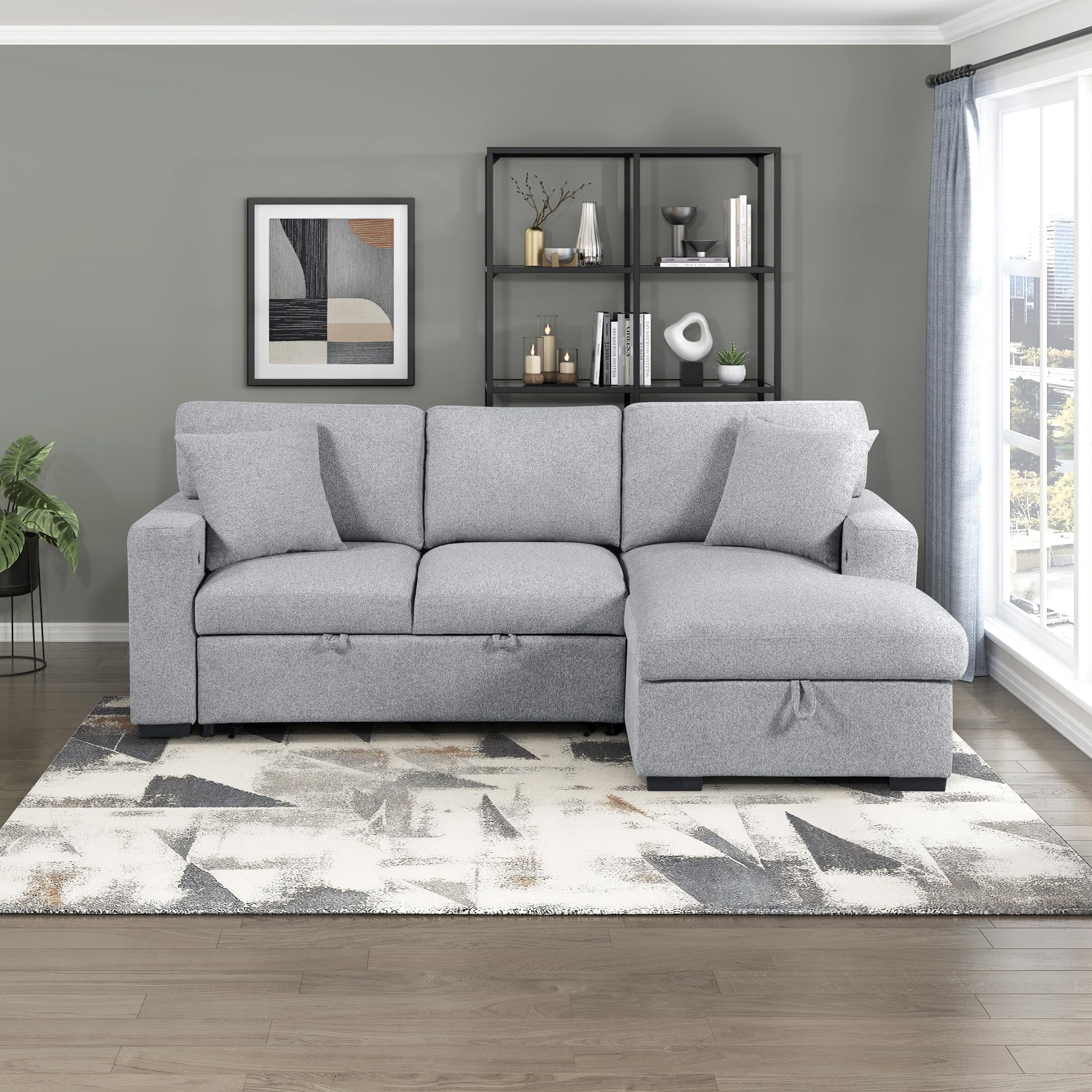 Lexicon 92.5" W L Shape Sectional Couch with Right Storage Chaise and Pull Out Sofa Bed, Sectional Sleeper Sofa with Memory Foam Seat Cushion, Charging Port, Storage Shelf for Living Room, Gray