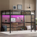 Bellemave Metal Queen Size Loft Bed with Desk and Charging Station,Queen Heavy Duty Loft Bed Frame with LED Lights and USB for Kids,Teens,Adults,Black