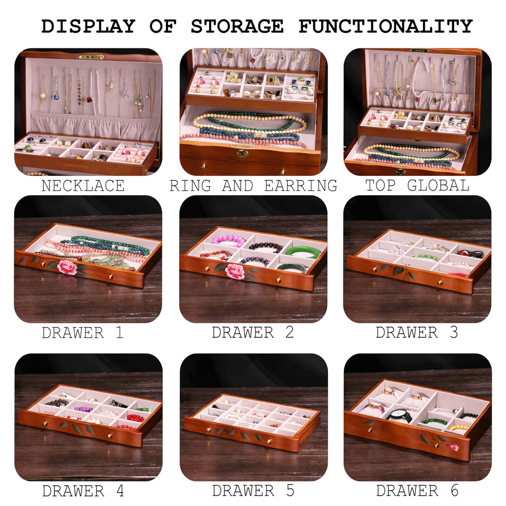 Xloverise Hand-Painted Wooden Jewelry boxes for women,large jewlrey box&organizers for necklace hanger,jewerly organizer,9-layer large capacity jewelry storage box,jewelry cabinet