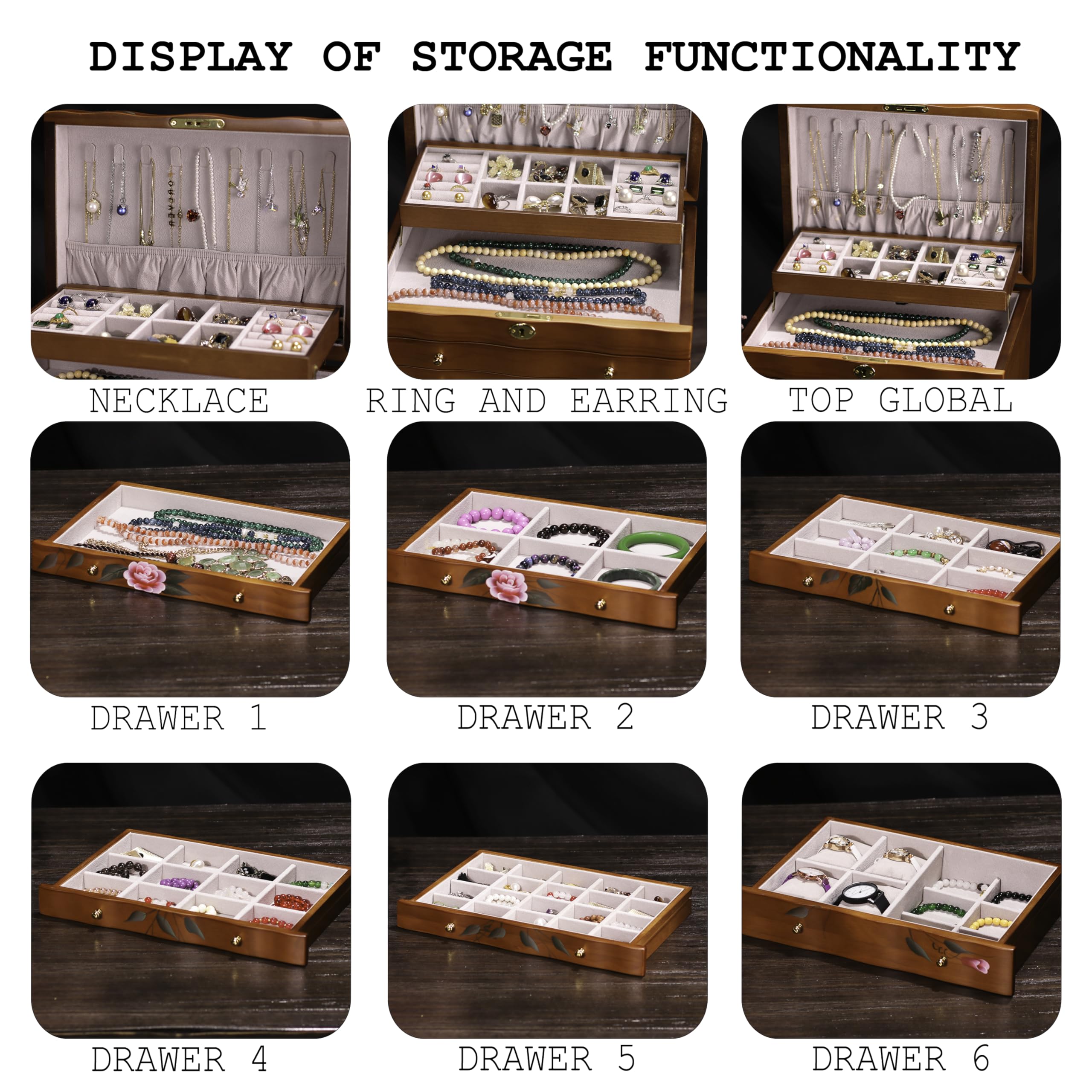 Xloverise Hand-Painted Wooden Jewelry boxes for women,large jewlrey box&organizers for necklace hanger,jewerly organizer,9-layer large capacity jewelry storage box,jewelry cabinet
