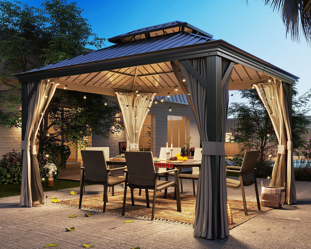 LAUSAINT HOME 10'x12' Hardtop Gazebo, Outdoor Aluminum Frame Permanent Metal Pavilion with Double Roof, Privacy Curtains & Mosquito Nettings for Patio, Lawn & Garden, Brown