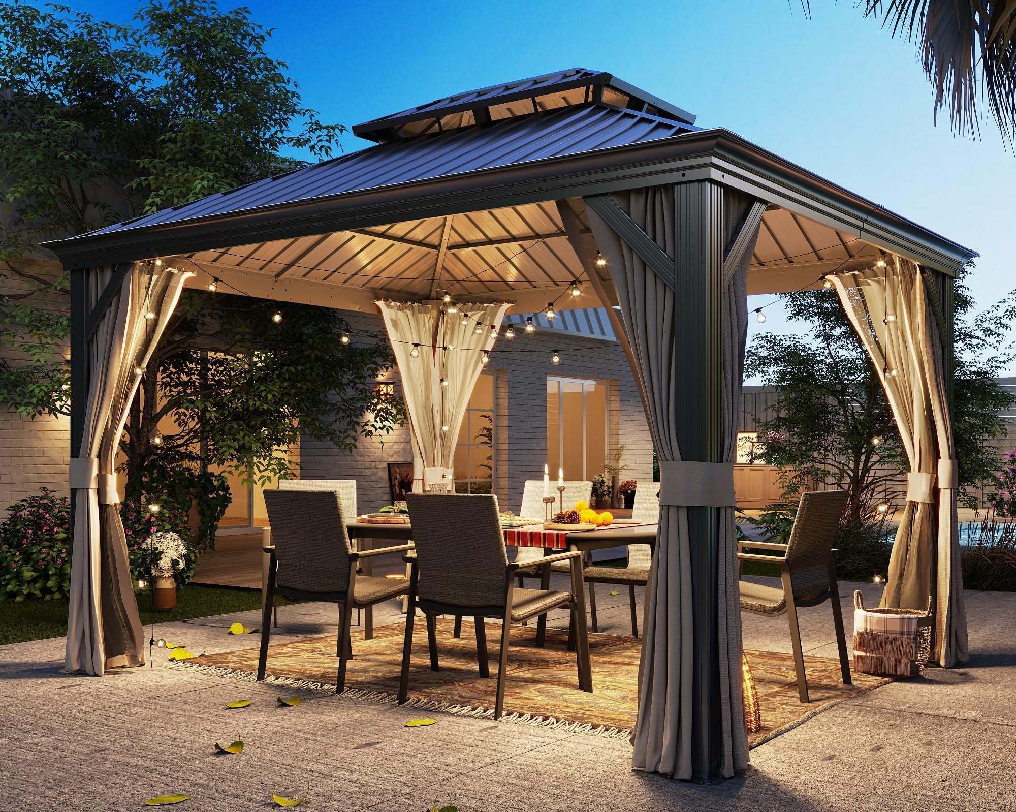 LAUSAINT HOME 10'x12' Hardtop Gazebo, Outdoor Aluminum Frame Permanent Metal Pavilion with Double Roof, Privacy Curtains & Mosquito Nettings for Patio, Lawn & Garden, Brown