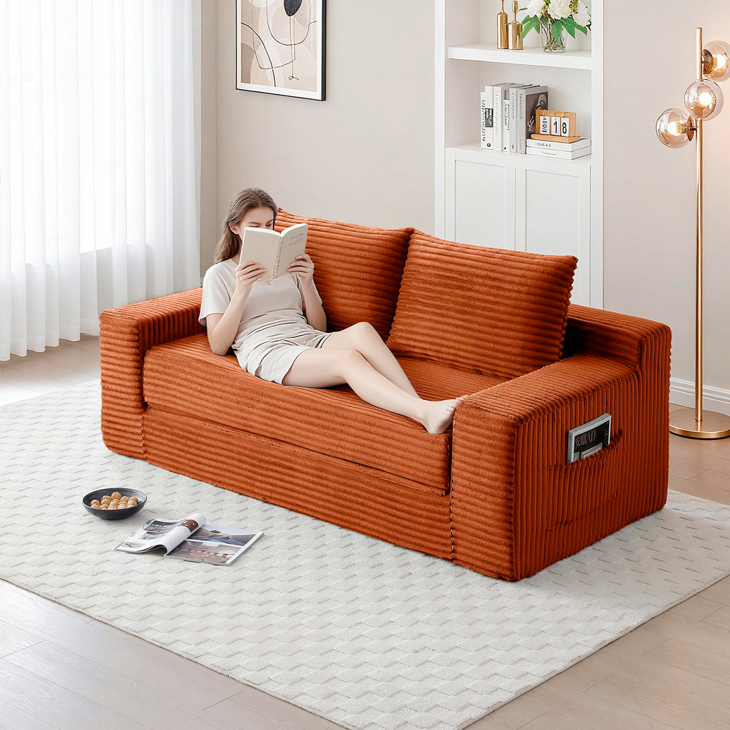Zyerch 73" Convertible Sofa Bed, 2 in 1 Corduroy Folding Couch with Pillows, No Assembly Boneless Compression Sofa in Box, Loveseat with Side Storage Pocket for Apartment, Living Room, Orange