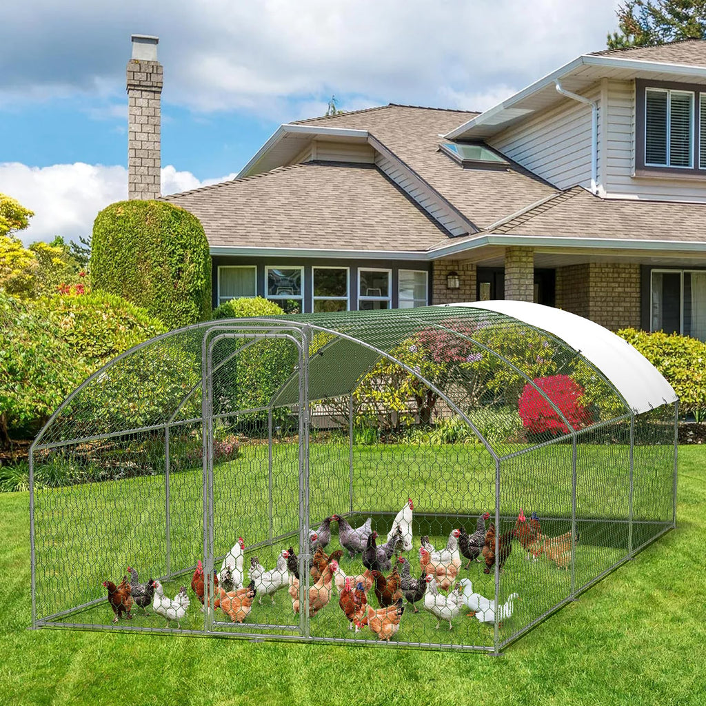 Large Metal Chicken Coop, Outdoor Chicken Runs for Yard with Cover,Large Chicken Run with Upgrade Tri-Supporting,Waterproof and UV-Resistant,Walk-in Poultry Cage for Farm Yard(9.8'l x 19.7'w x 6.6'h)