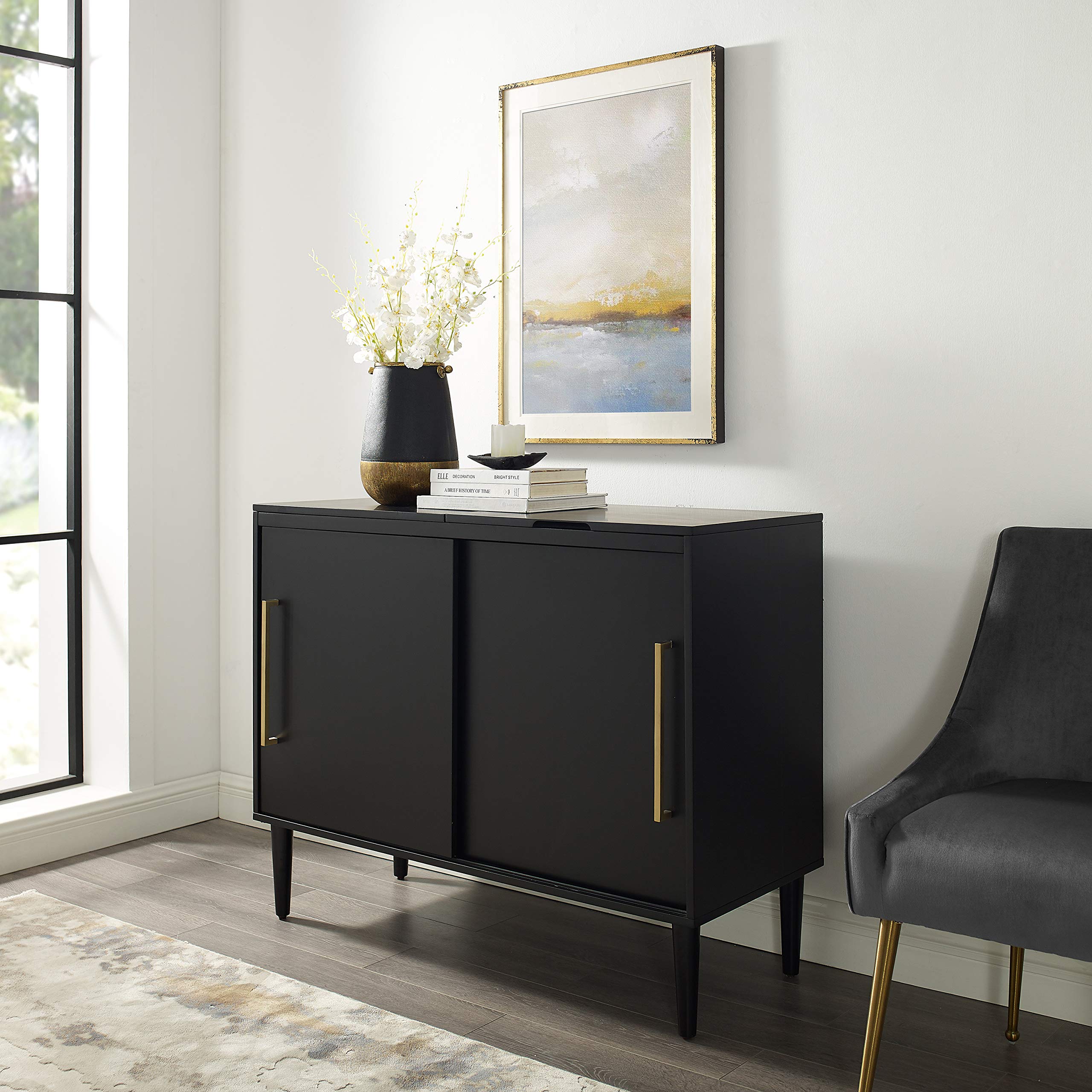 Crosley Furniture Everett Media Console and Record Player Stand with Storage for Vinyl Records, Matte Black
