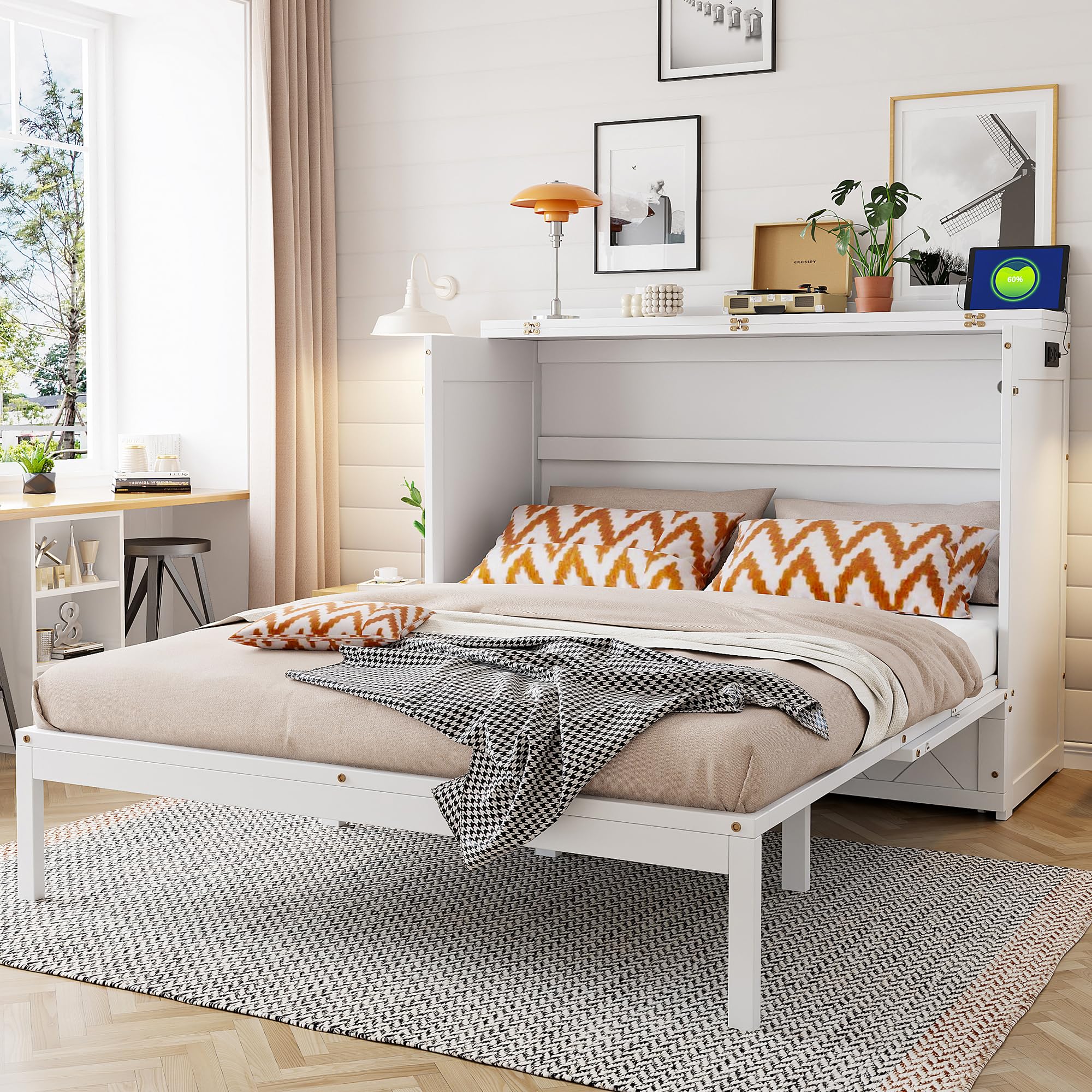 Merax Queen Size Murphy Cabinet Bed with Storage Drawers, Wall Murphy Bed with a Set of Sockets & USB Ports, Folding Platform Bed for Small Room