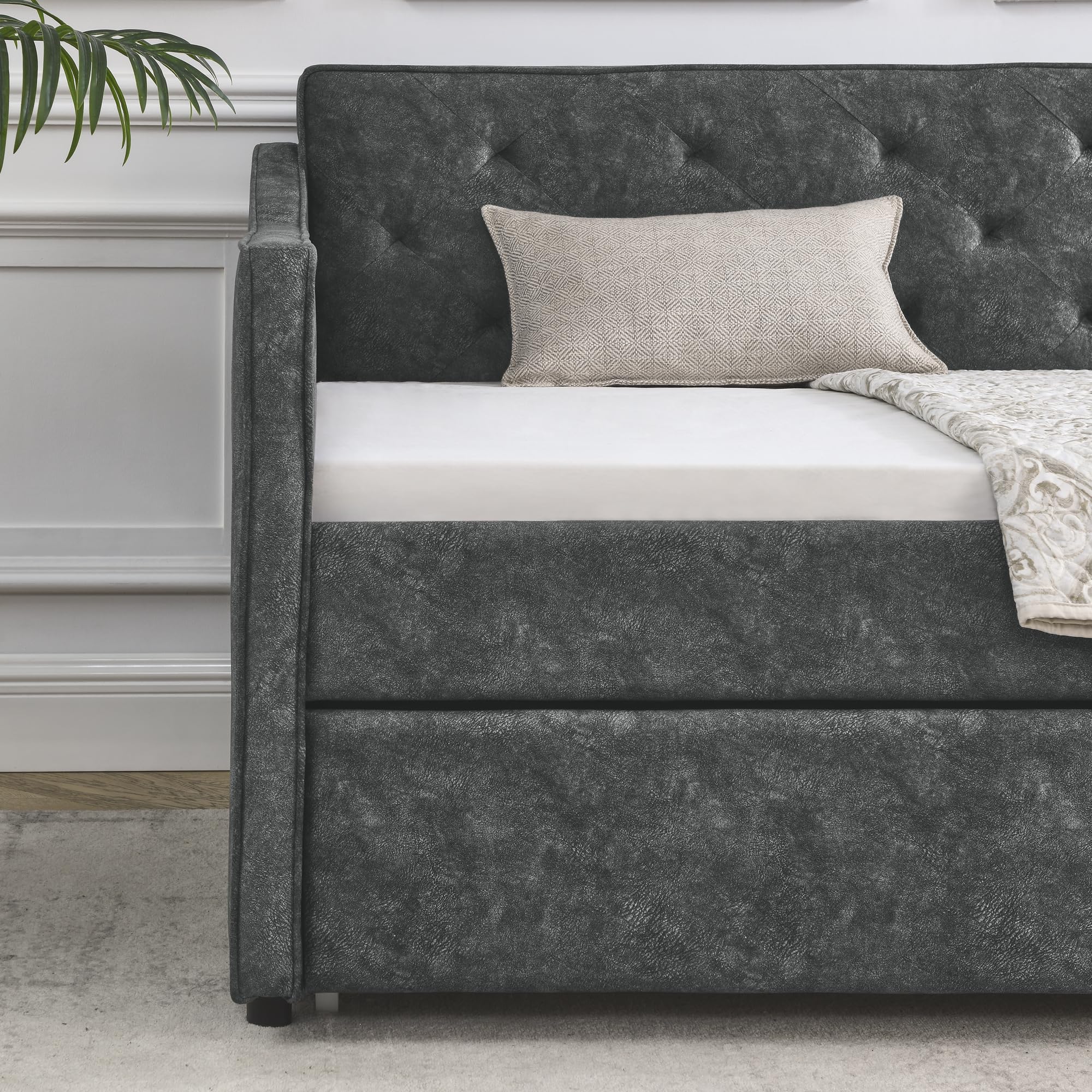 KEIKI Twin Size Upholstery Daybed with Twin Size Trundle and Headboard, Mid-Century Style Tufted Sofa Bed with Waved Arms, Easy Assembly, No Box Spring Required, for Living Room, Grey
