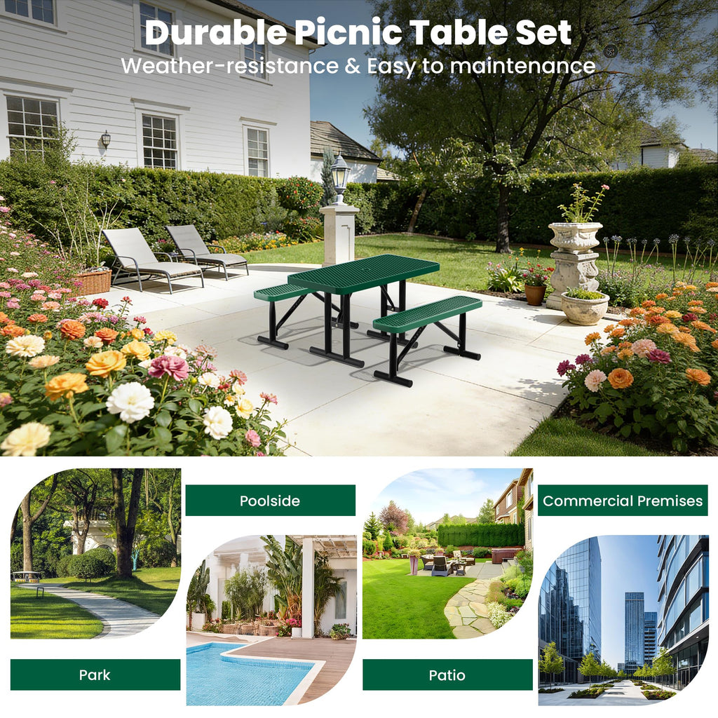 Sunnibety 4FT Metal Picnic Tables for Outdoors, Commercial Rectangular Picnic Table for Outside, Park, Campfield, Patio, Garden, Yard, Thermoplastic Coating, Surface Mounted, Green