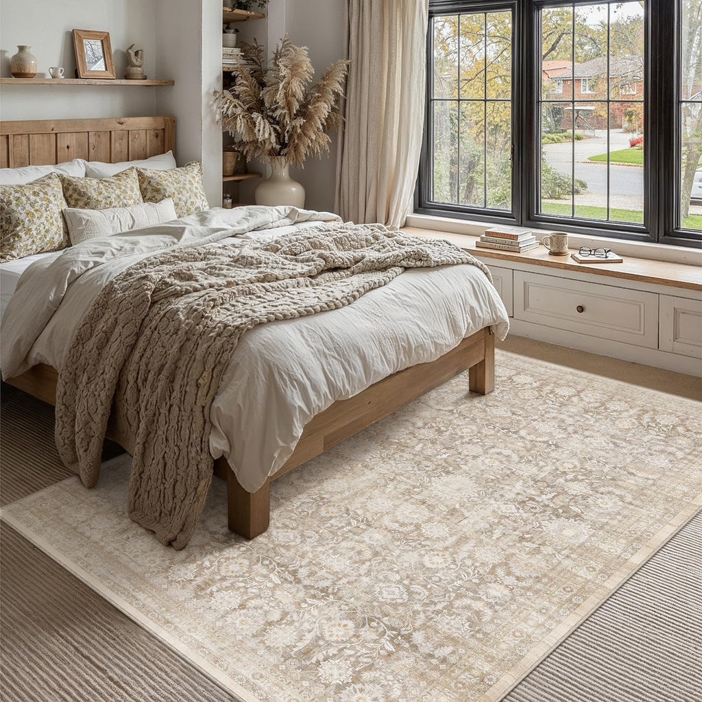 WondRg 9x12 Beige Washable Modern Area Rug Living Room Non Slip Low Pile Floral Extra Large Rug Vintage Traditional Stain Resistant Carpet Bedroom Office Indoor Playroom