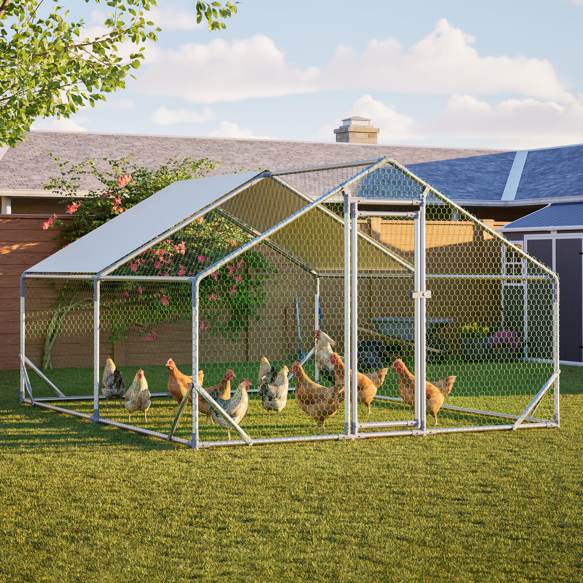 YOPTO Metal Chicken Coop,10x13x6.56ft Large Walk-in Chicken Runs W/Waterproof & Anti-Ultraviolet Cover,Spire Roof Hen House Enclosure W/Security Lock,Outdoor Poultry Pen for Backyard,Farm,Yard