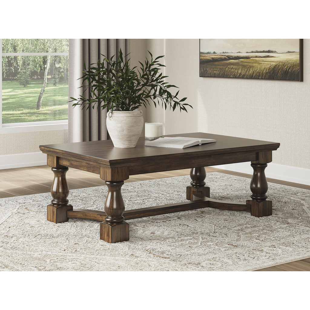 Signature Design by Ashley Sturlayne Transitional Coffee Table with Trestle Base, Dark Brown