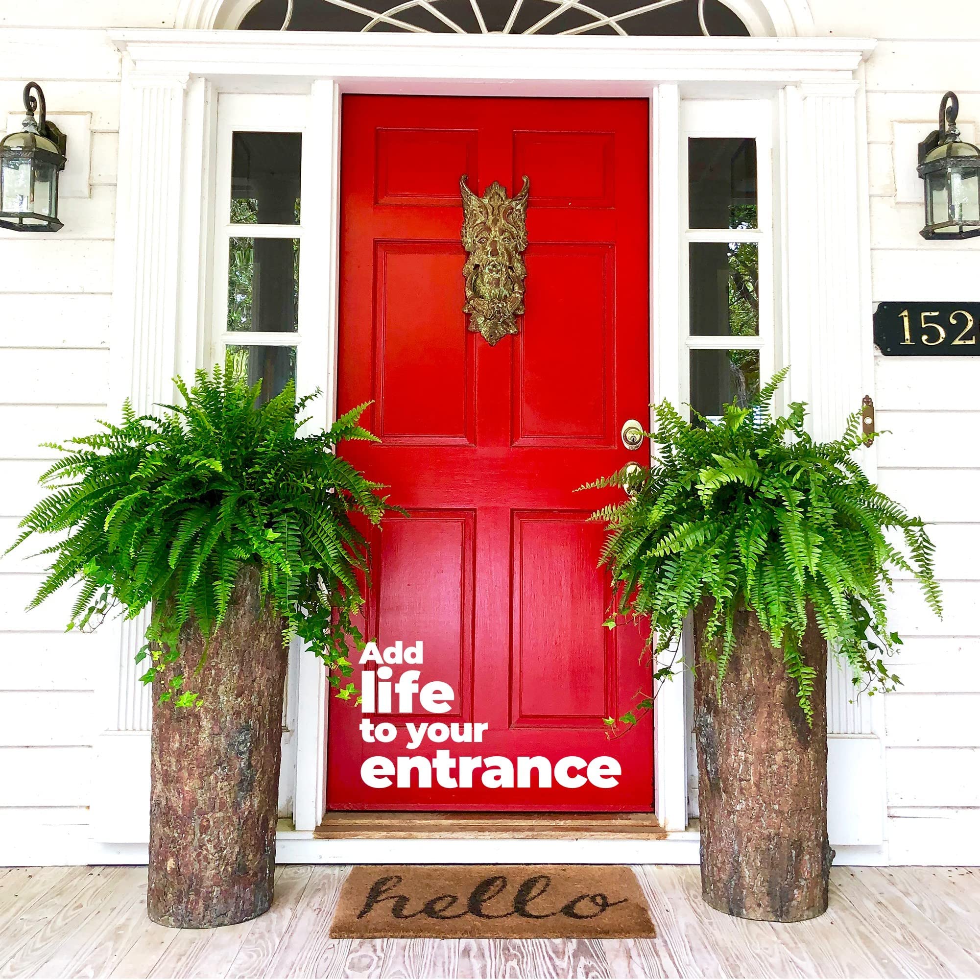 Bushy Box Country Front Door Tall Log Planters Set (2) Extra Large Heavy Cabin, Farmhouse & Lake House Entrance Pots. Rustic Porch & Patio Plant Decor.