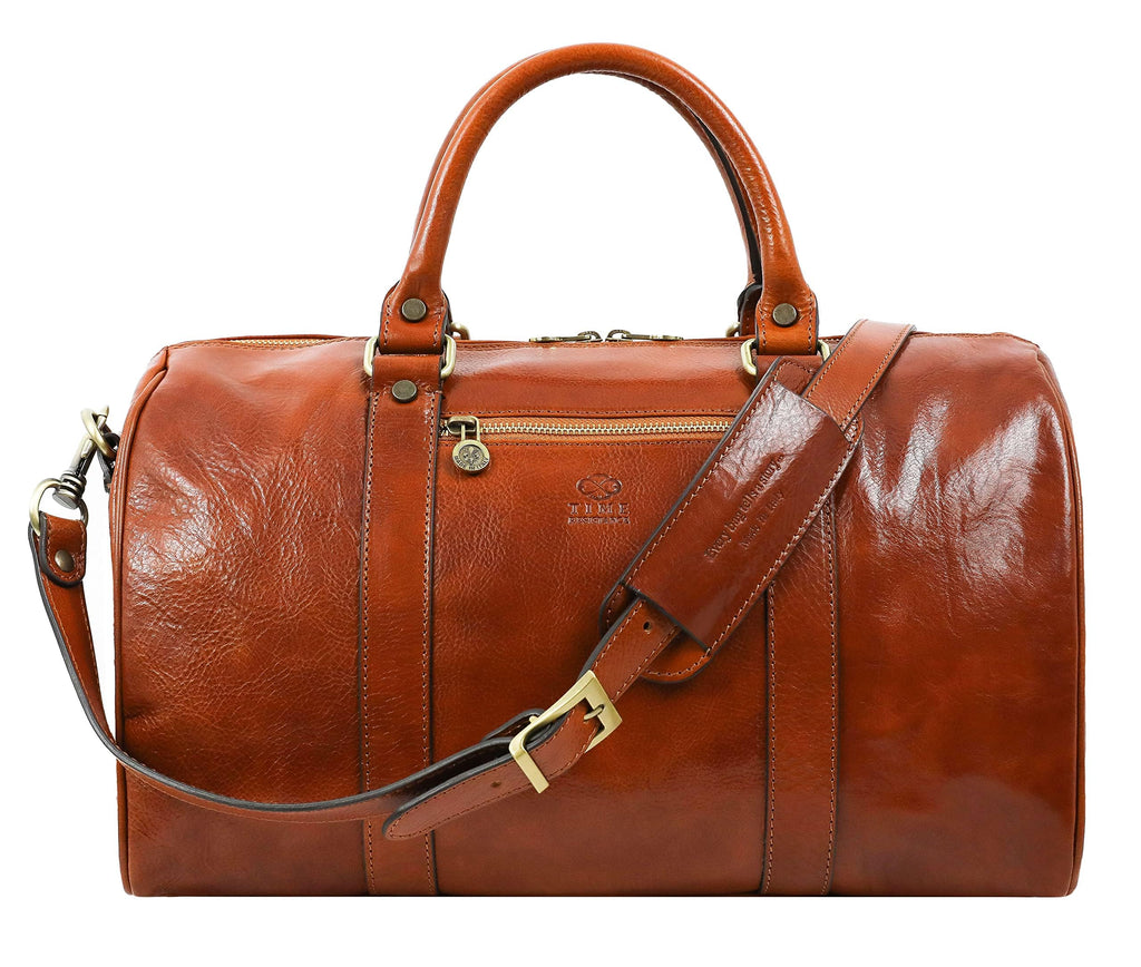 Time Resistance Full Grain Leather Small Duffel Bag - Gym Weekender Overnight Bag (Cognac Brown)