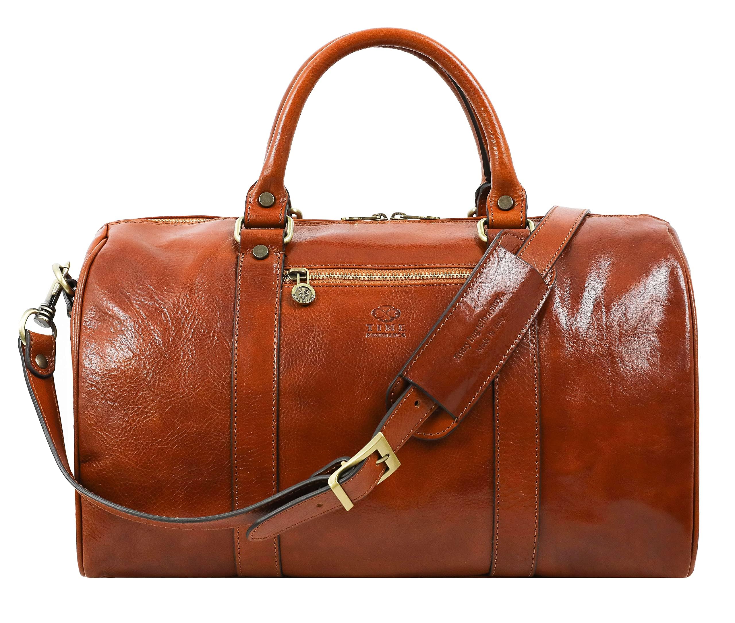 Time Resistance Full Grain Leather Small Duffel Bag - Gym Weekender Overnight Bag (Cognac Brown)
