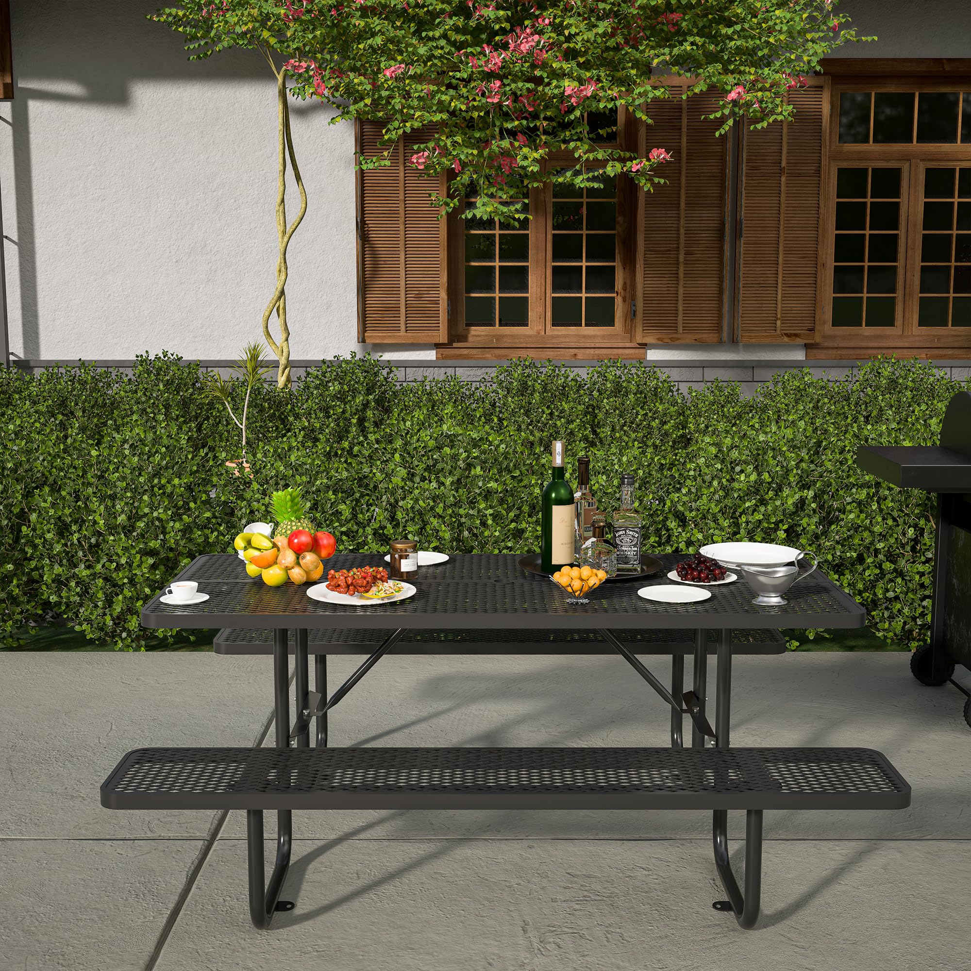 Dvasovio 72 Inch Rectangular Metal Picnic Table with 1.73" Umbrella Hole, Heavy-Duty Steel Mesh Table Set, Weather Resistant Sturdy Outdoor Furniture, for Patio, Garden, Courtyard & BBQ, Black