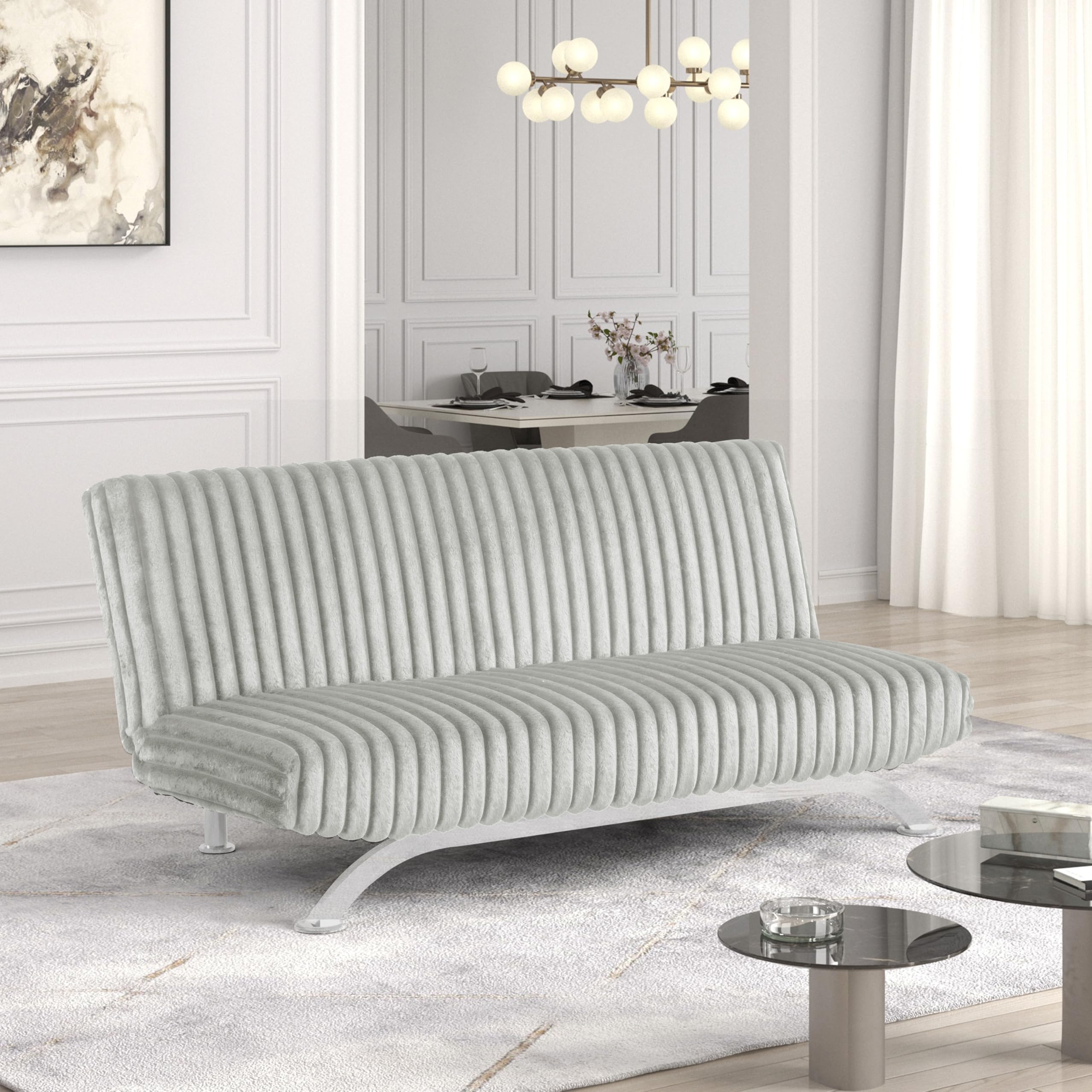 Furniture of America Direte Fuzzy Fabric 71-inch Futon Sofa Bed with Extra Metal Support Legs, Seat up to 3, Modern Convertible for Living Room, Bedroom, Guest Room, Light Gray