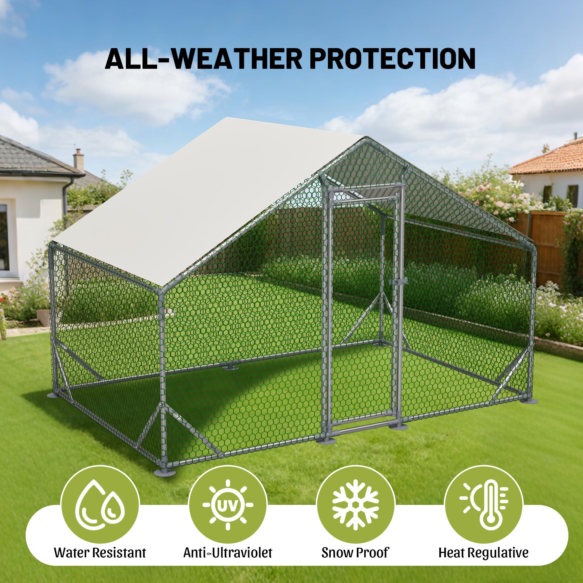 Metal Chicken Coop 26×10×6.56FT,Chicken Run Pen with Spire Roof,Water-Proof and UV-Proof Cover,Secure Mesh Walk-in Hens Fence with Lockable Door,Poultry Cage for Small Animal Like Hens,Ducks,Rabbits