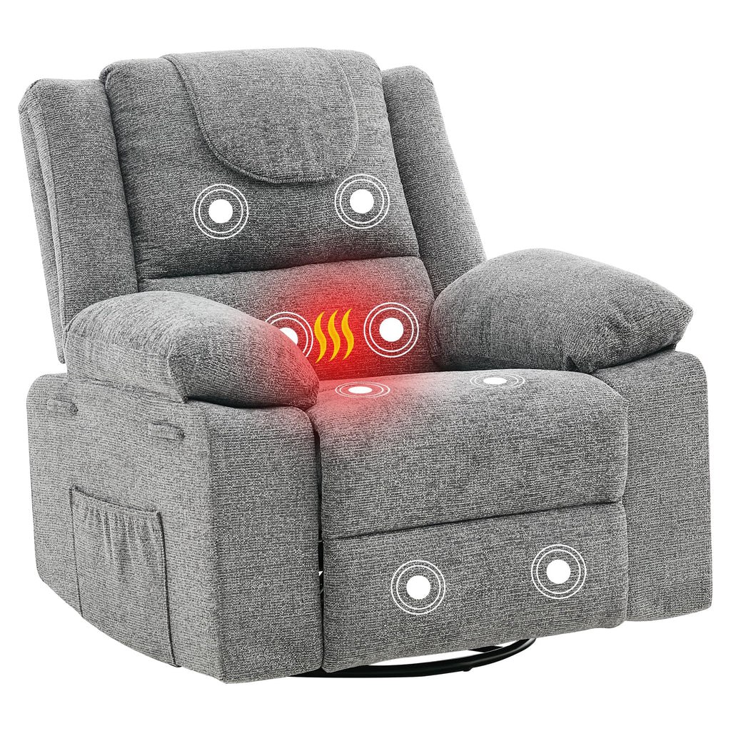 Adults Oversized Rocking Nursery Glider Recliner Chair,360° Swivel Rock Recliner Chairs Single Sofa with Vibration Massage and Heating for Living Room/Bedroom,Grey