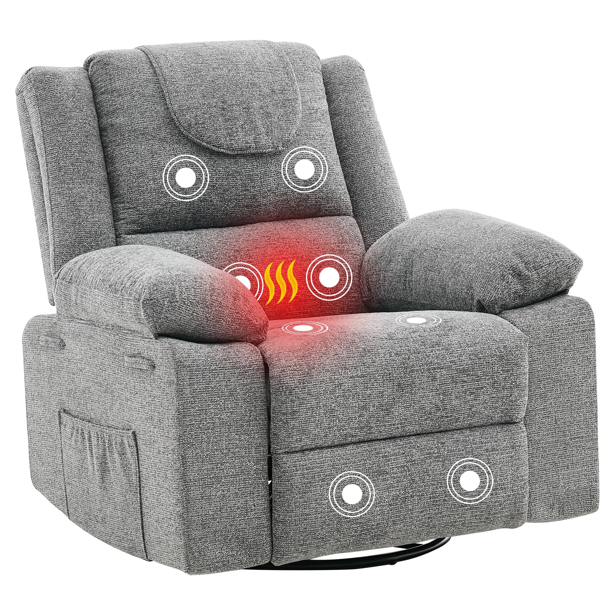 Adults Oversized Rocking Nursery Glider Recliner Chair,360° Swivel Rock Recliner Chairs Single Sofa with Vibration Massage and Heating for Living Room/Bedroom,Grey