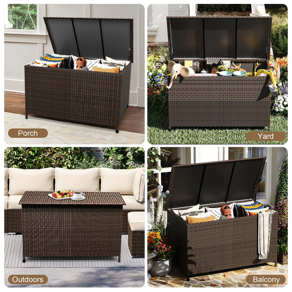 MilleLoom 185 Gallon Outdoor Storage Box with Wheels - Large Wicker Rattan Deck Box for Patio Cushions, Garden Tools, Pool Floats & Pillows, All-Weather Patio Furniture Storage, Brown