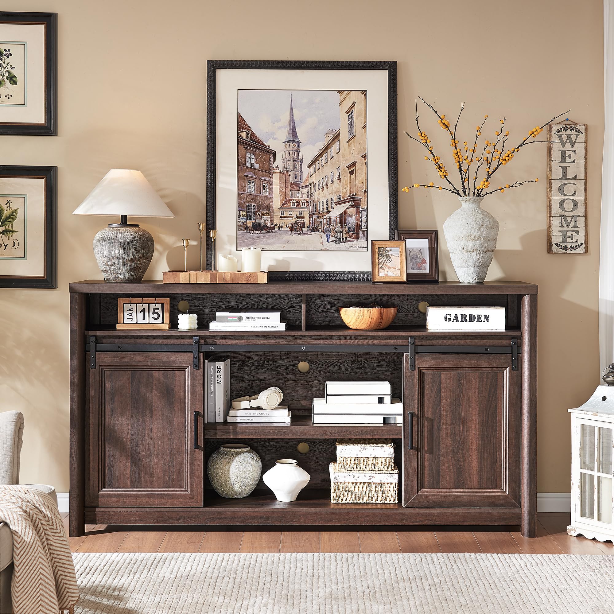 Farmhouse TV Stand for Living Room, Entertainment Center with Storage, Walnut TV Console for Bedroom, Media Storage Cabinet with Sliding Barn Doors & Adjustable Shelves, Fits 80 Inch TV, Rustic Wood