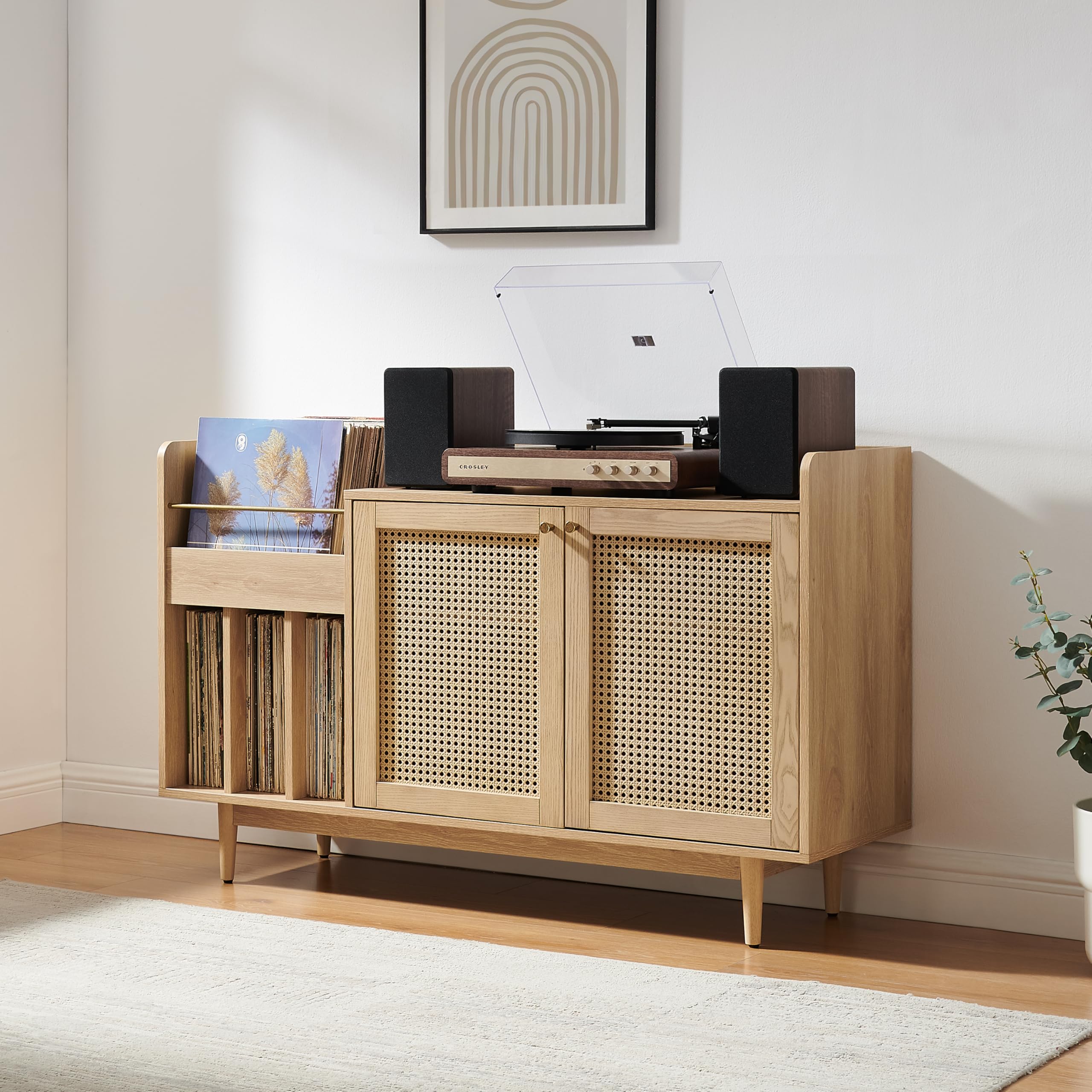 Crosley Furniture Maeve Record Player Cabinet, Vinyl Storage, Rattan Turntable Stand for Records, Ash