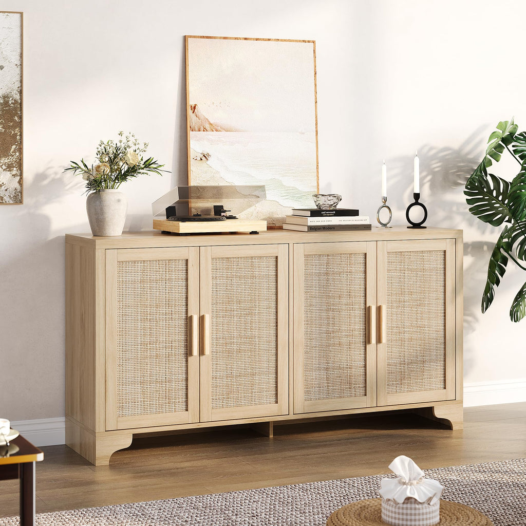 GarveeHome 4-Door Sideboard Buffet Cabinet, Natural Rattan Storage Cabinet, Boho Entryway Console Table, Coffee Bar Station for Dinning Room, Living Room, Kitchen