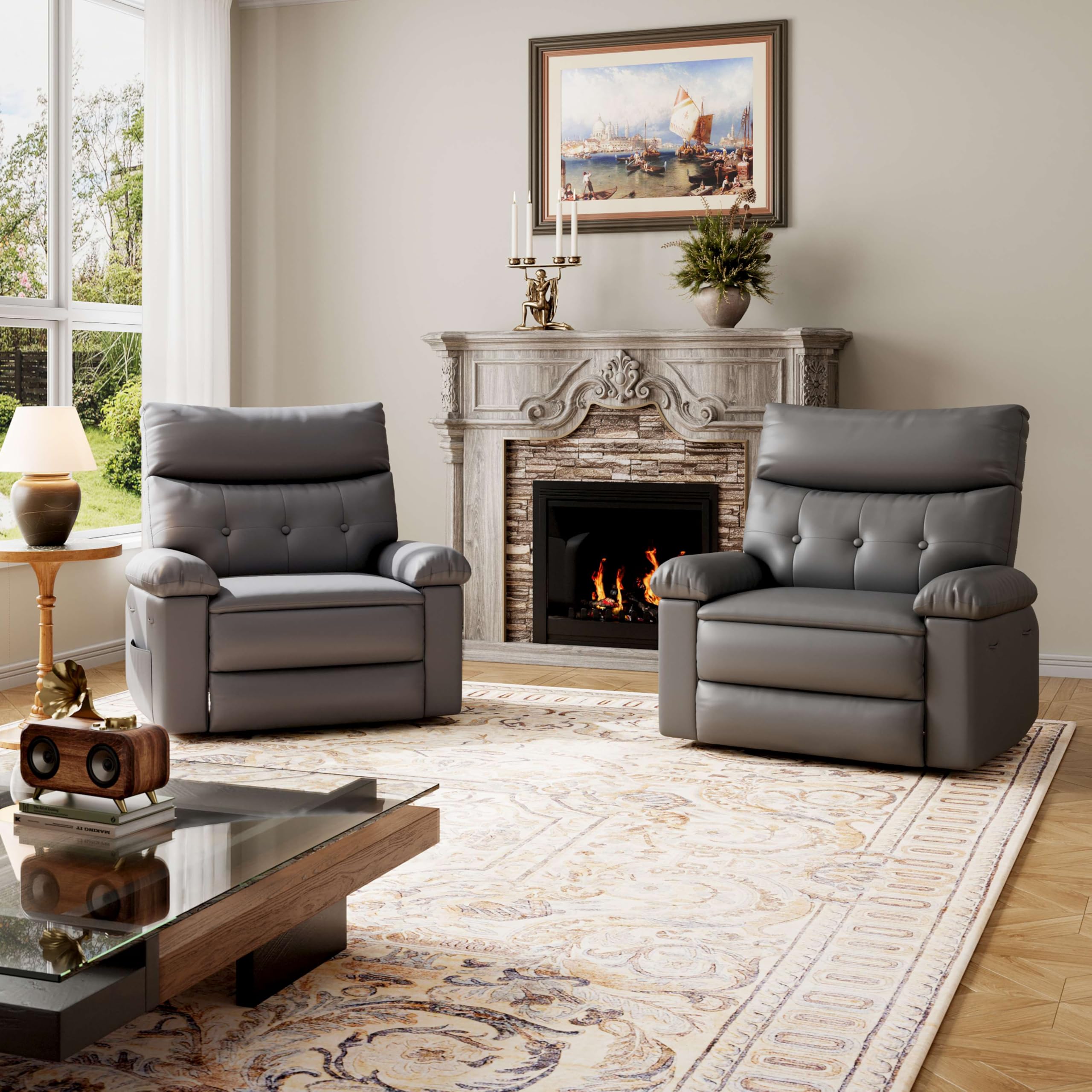 GarveeHome Recliner Chair - PU Leather Manual Recliner for Adults, Lazy Chair with 1.5X Sponge Comfort Arm and Back for Living Room, Bedroom