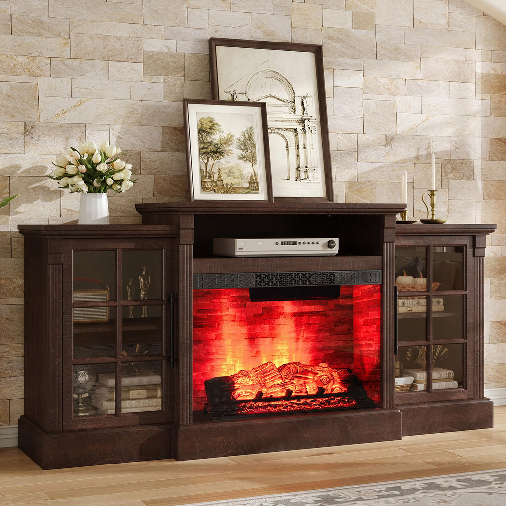 AMERLIFE 70" Farmhouse Fireplace TV Stand for TVs up to 80", Media Console with Storage Cabinets & Adjustable Shelves, Entertainment Center with 28" Electric Fireplace for Living Room, Rustic Brown
