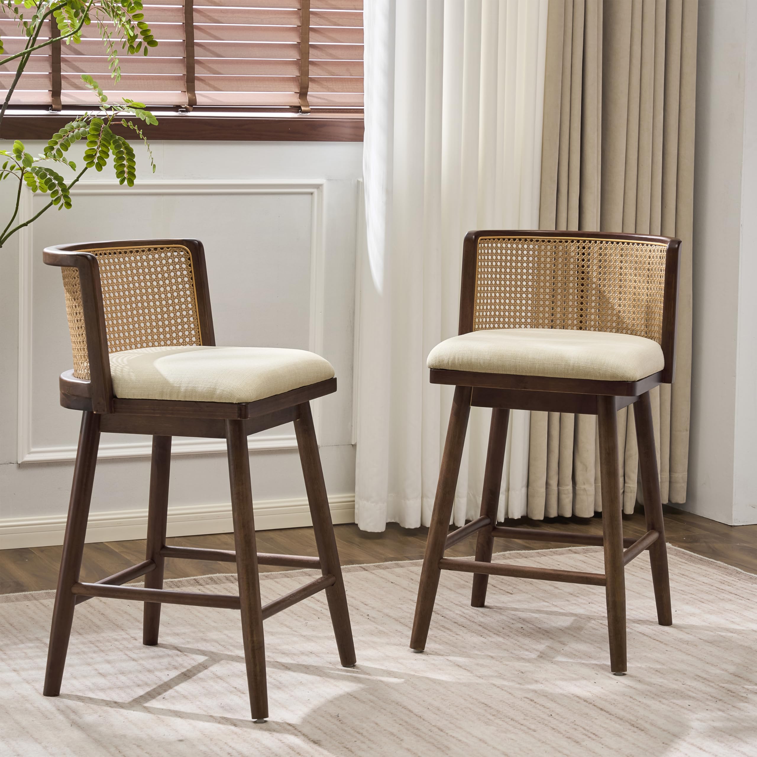 Christopher Knight Home Aphe Counter Height Bar Stools Set of 2, Fabric Upholstered Bar Stool for Kitchen Island, Rubberwood Counter Stools with Woven Rattan Backrest, Beige + Dark Walnut