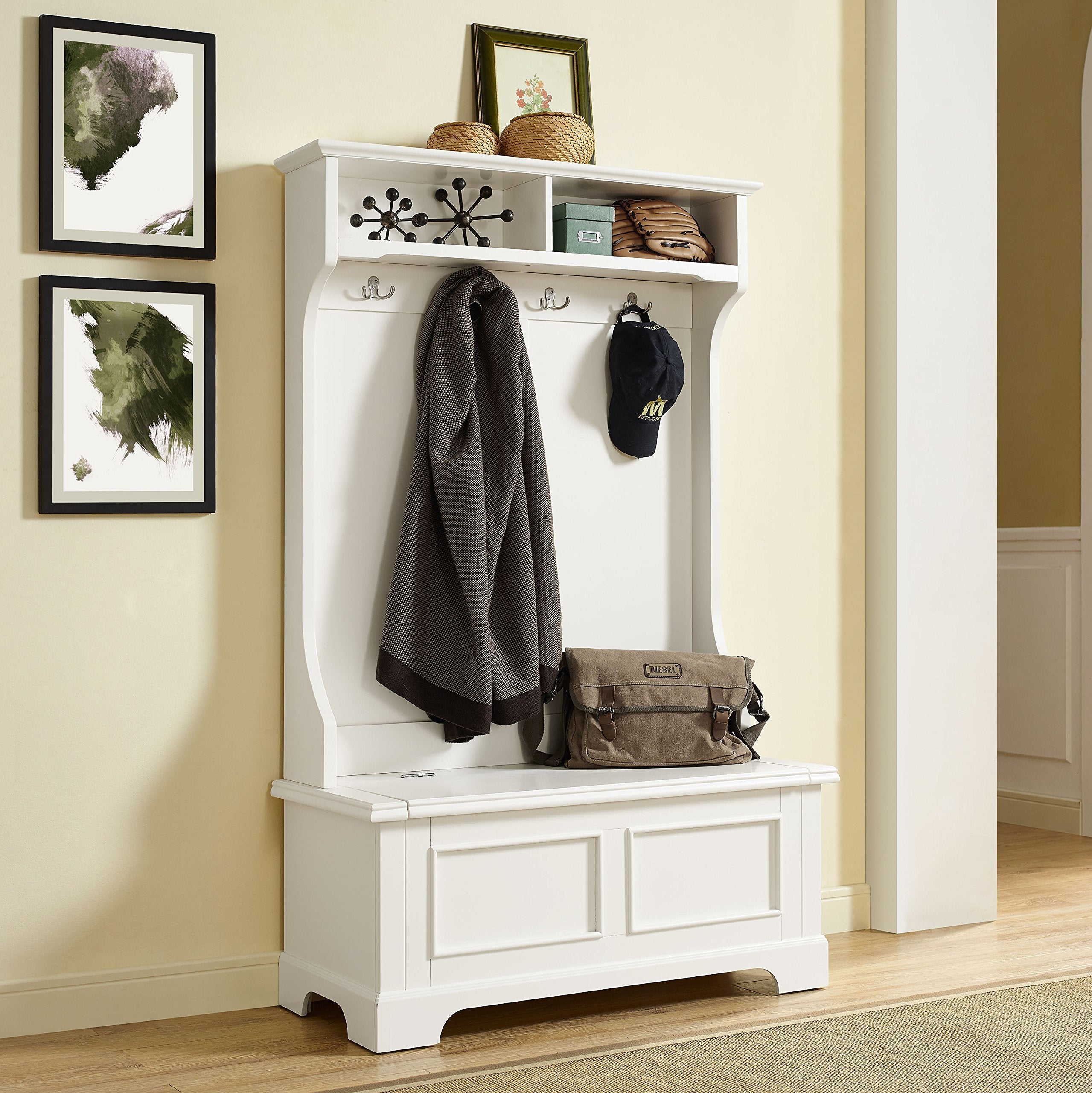 Crosley Furniture Campbell Hall Tree with Storage Bench and Coat Rack Hooks for Hanging, White