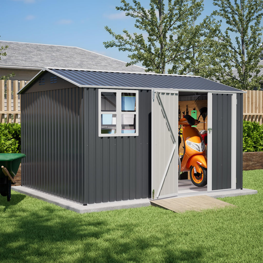 YOPTO 10X8 FT Outdoor Storage Shed,Metal Shed W/Window,Floor Frame & Lockable Swing Door,Garden Tool House W/ 4 Air Vents & Sloped Roof,for Backyard Patio Lawn,Gray