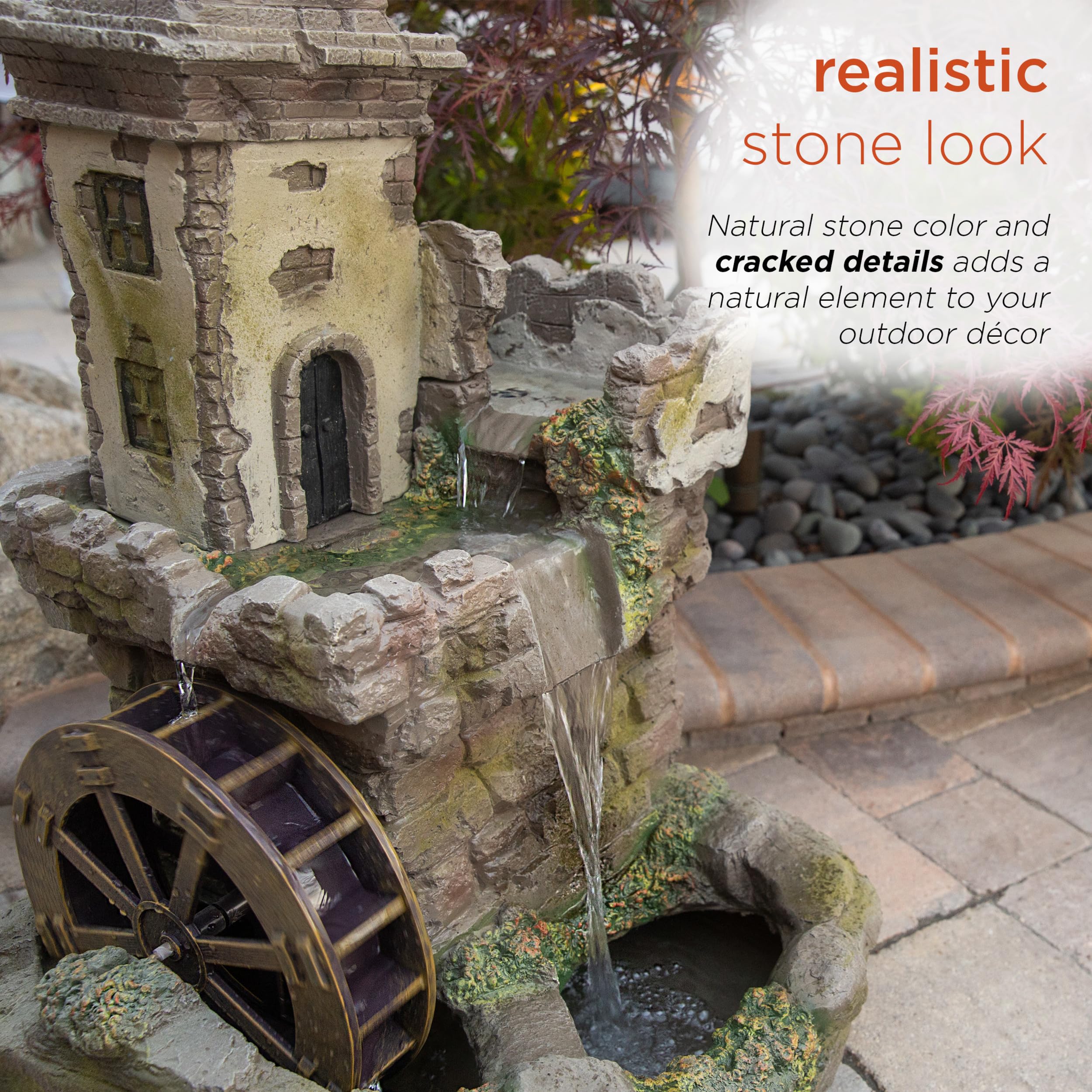 Alpine Corporation USA1164 Outdoor Floor Tiered Fairy Castle Waterwheel Water Fountain with Realistic Stone Look, 35", Brown