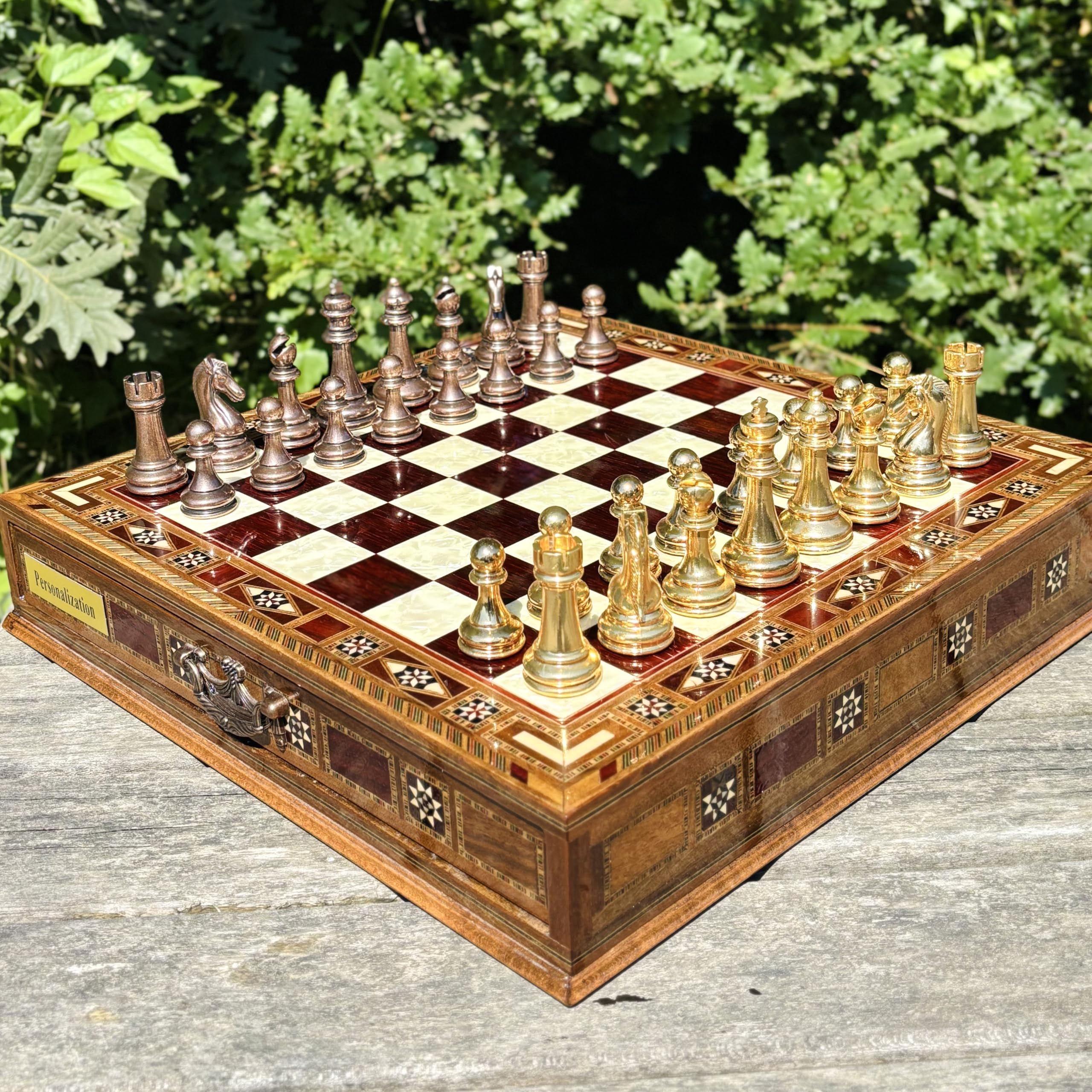 Handmade Luxury Chess Set – Metal Chess Pieces with Wooden Storage Board – Premium Classic Chess Game for Adults and Kids – Ideal Gift for Men and Women (Large: 38 x 38 x 7.5 cm (15”x 15” x 3”))