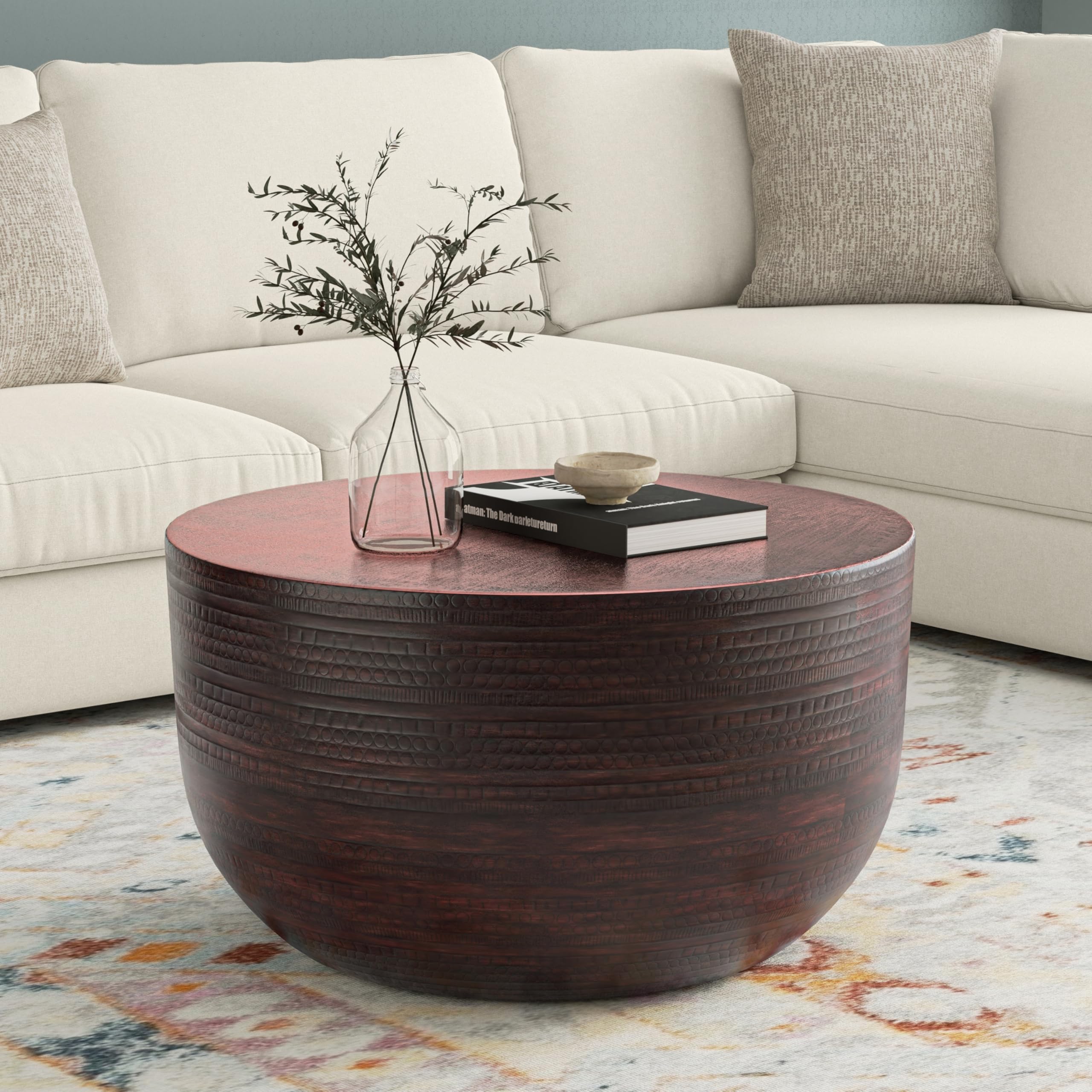 SIMPLIHOME Johnsen Metal Coffee Table - 30 inch Wide Solid Metal Round Drum Accent Table in Bronze, Boho Coffee Table for Living Room or Bedroom with Decorative Textured Design, Assembled