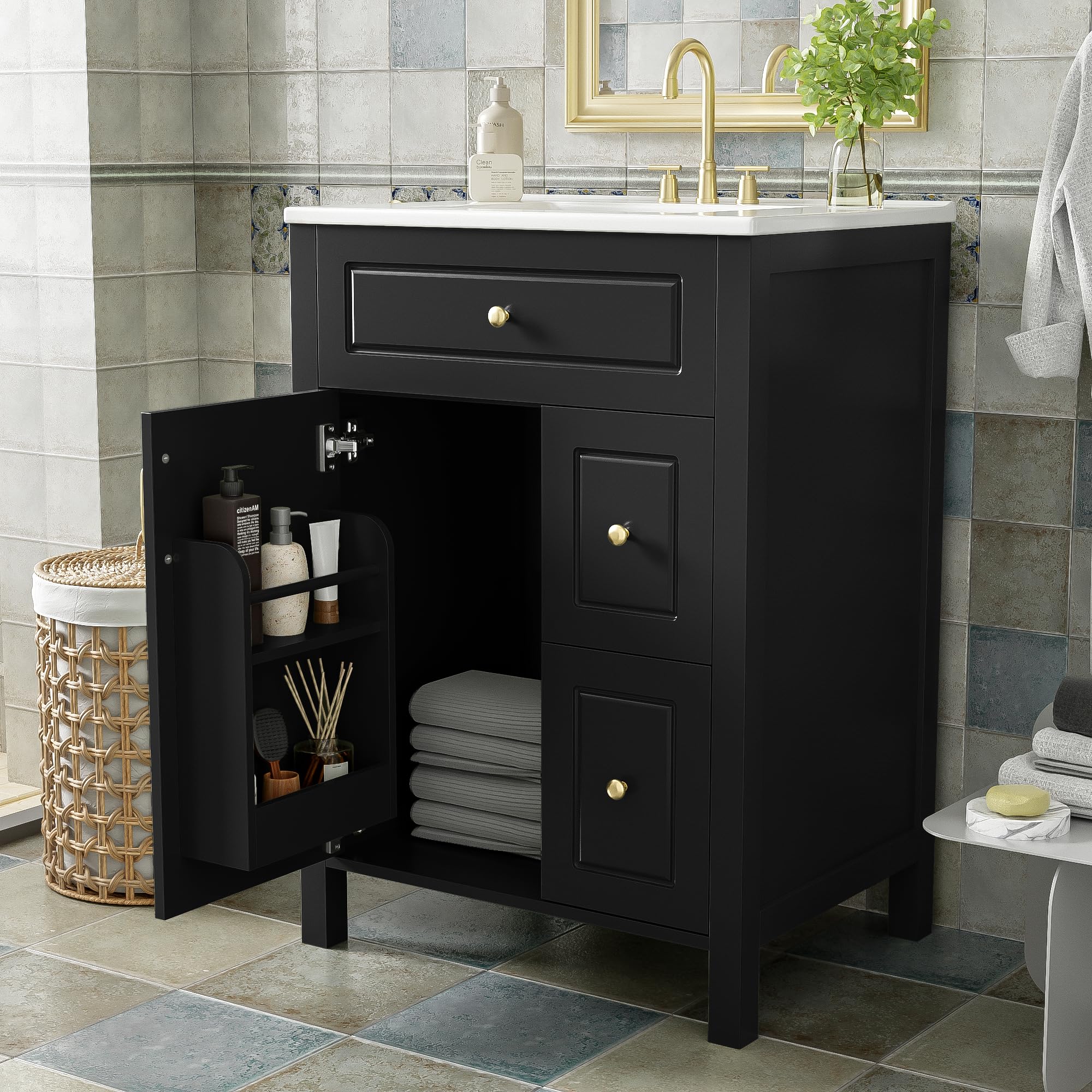 Favfurish 24" Bathroom Vanity with Ceramic Sink,Free Standing Single Basin Vanity w/Soft Close Door and Soft Closing Drawers,Wooden Bath Cabinet with Double Storage Racks on The Door,Black