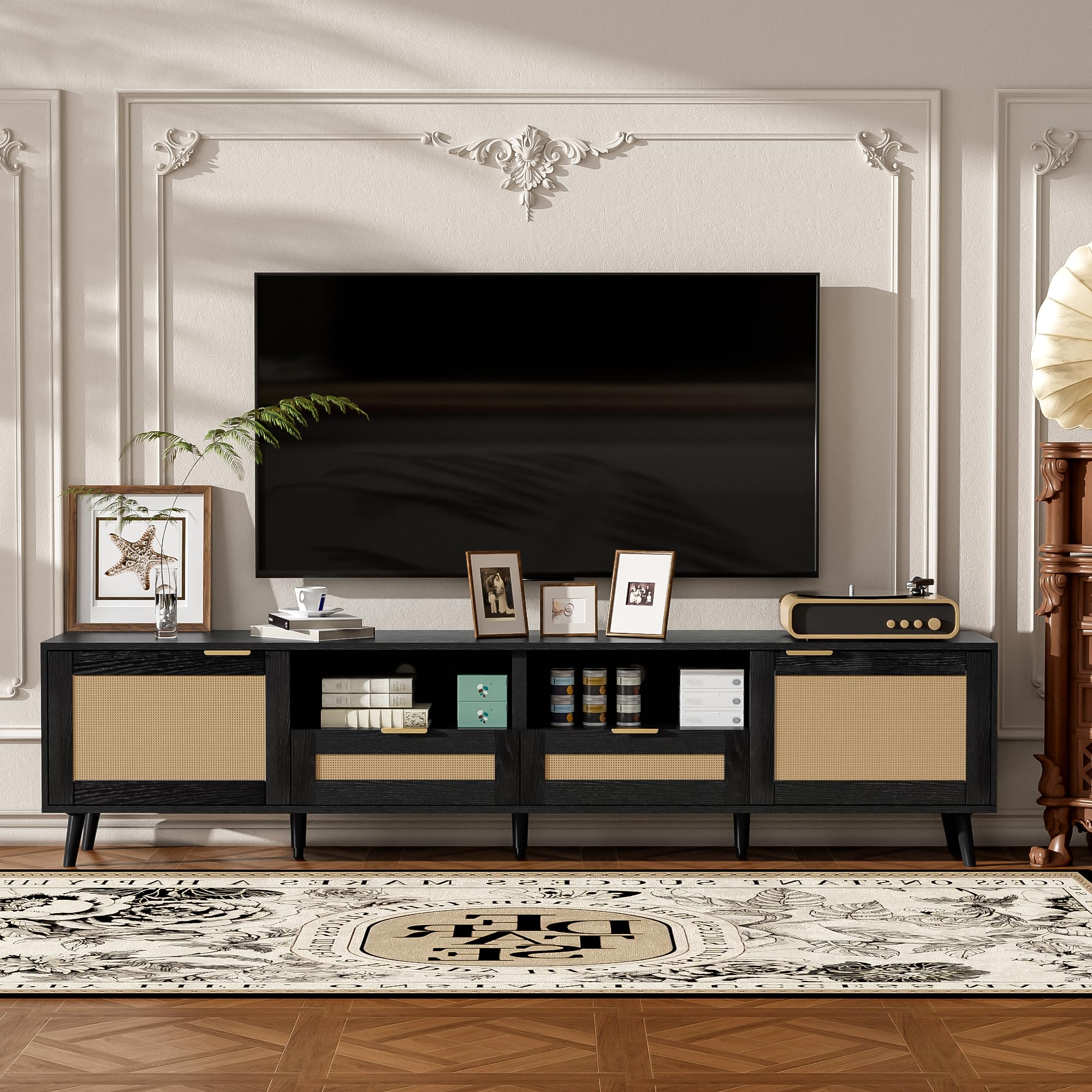 Merax TV Stand for TVs up to 85", 78 Inch Modern Media Console, Entertainment Center with Storage Drawers and Rattan Doors, Open Shelves, Solid Wood TV Cabinet Table for Living Room Furniture