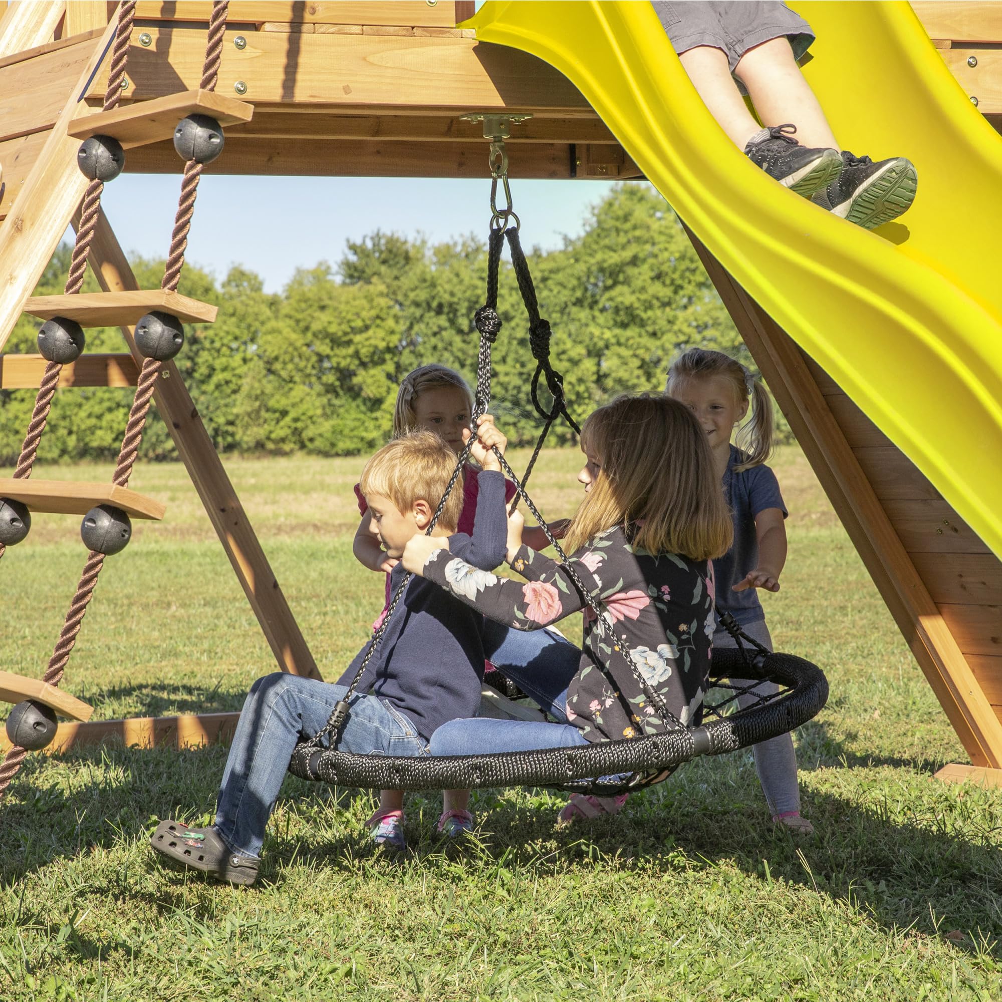 Backyard Discovery Endeavor Cedar Wood Swing Set with Wave Slide, Play Deck, Double Rock Wall, Rope Ladder, Climbing Wall, Belt Swings, 40-Inch Web Swing, Step Ladder, Toy Telescope, Outdoor Playset