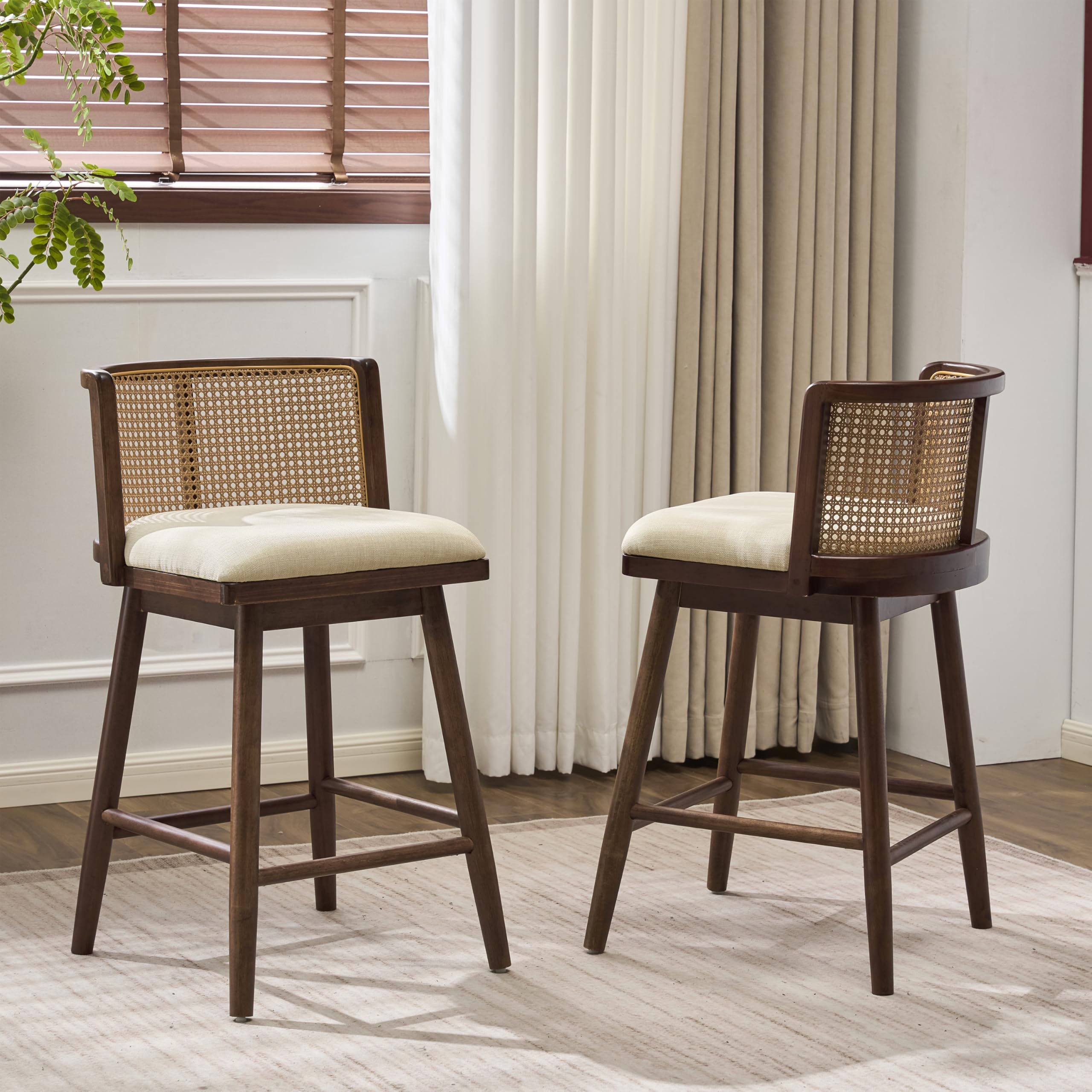 Christopher Knight Home Aphe Counter Height Bar Stools Set of 2, Fabric Upholstered Bar Stool for Kitchen Island, Rubberwood Counter Stools with Woven Rattan Backrest, Beige + Dark Walnut