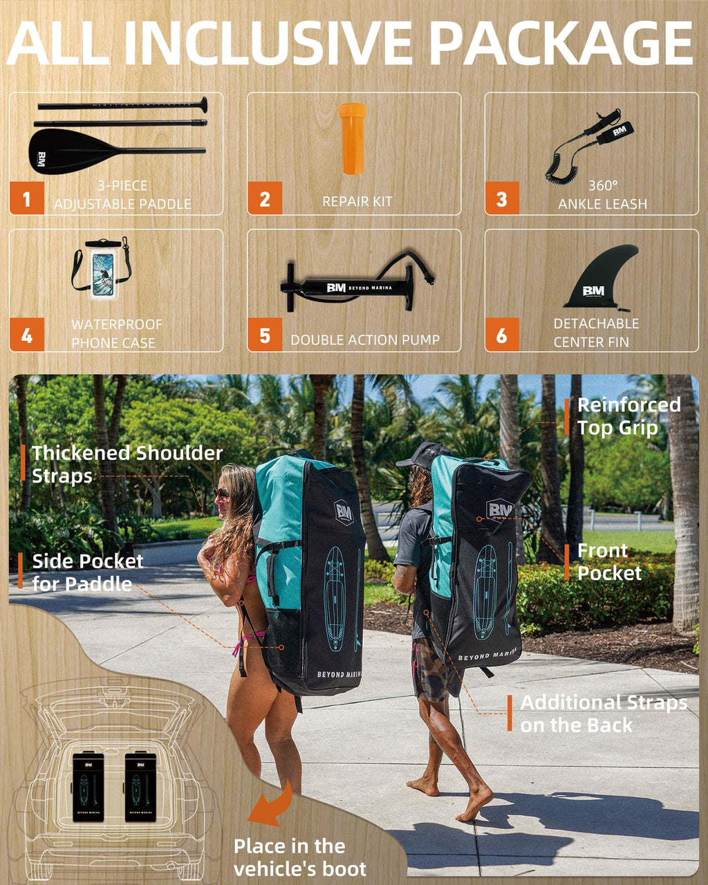 BM Paddle Board Inflatable Stand Up Paddle Board, SUP Paddleboard for Adult, Premium Accessories | Non-Slip EVA Deck & Foam Handles, Camera Mount, Double Action Pump, 85L Travel Backpack, Oak