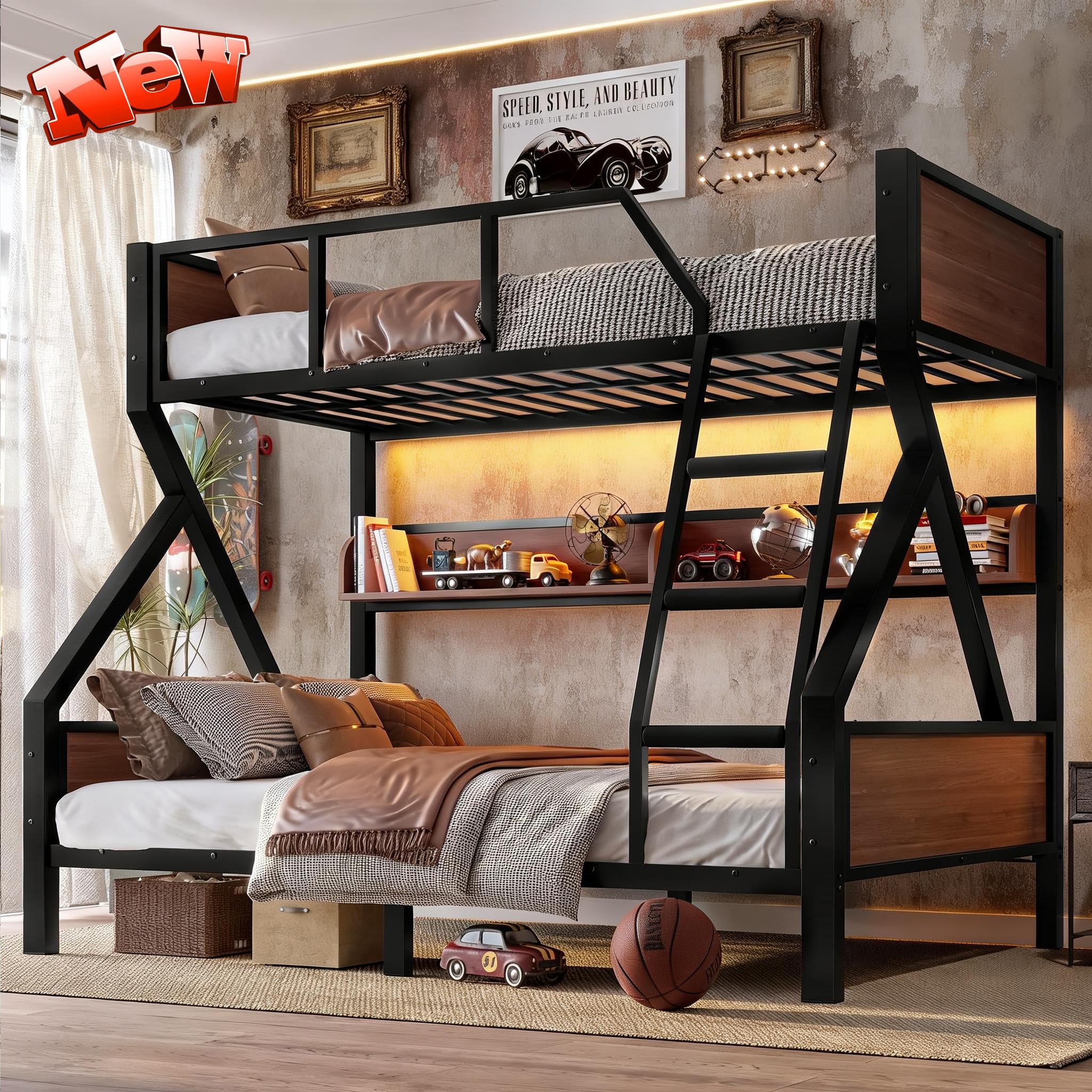 SIMPLEZC Upgraded Version Heavy Duty Thicken Metal Twin Over Full Bunk Bed with Storage Shelves and Lights, Best Industrial Style Bunk Bed Twin Over Full Size with Wood Board for Adults