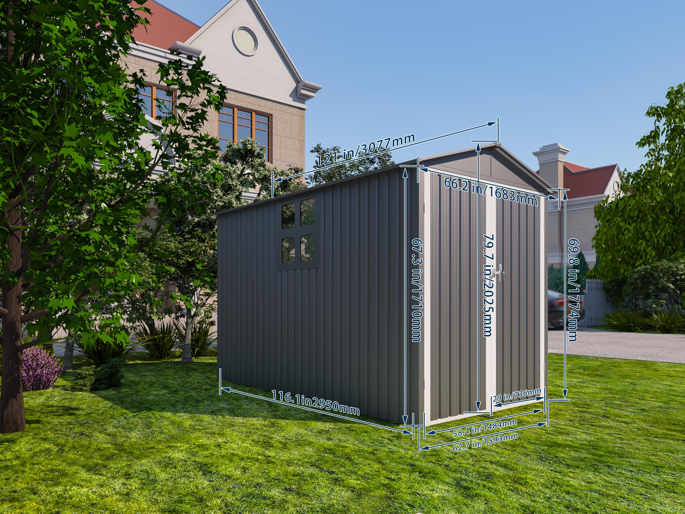 YOPTO 10x6.64 FT Metal Frame Garden Sheds with Lockable Doors and Window,Outdoor Heavy-Duty Storage Shed,w/Waterproof Roofs,for Motorcycle Bicycles Lawnmowers,Grey+White