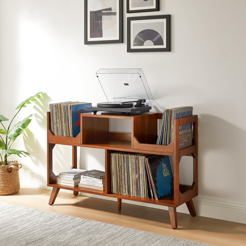 Crosley Furniture Asheville Mid-Century Modern Media Console Record Player Stand, Storage for Vinyl Records, Large, Walnut