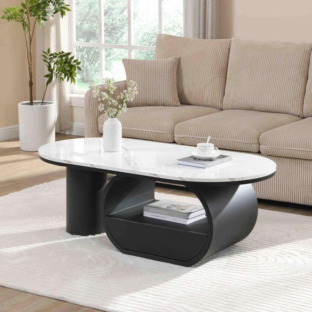 KEIKI Luxury Modern Oval Coffee Table with Storage Drawer, 47.24" Faux Marble Top, Wooden Coffee Table with Shelf, Sturdy Black Metal Frame for Living Room & Office, Black White