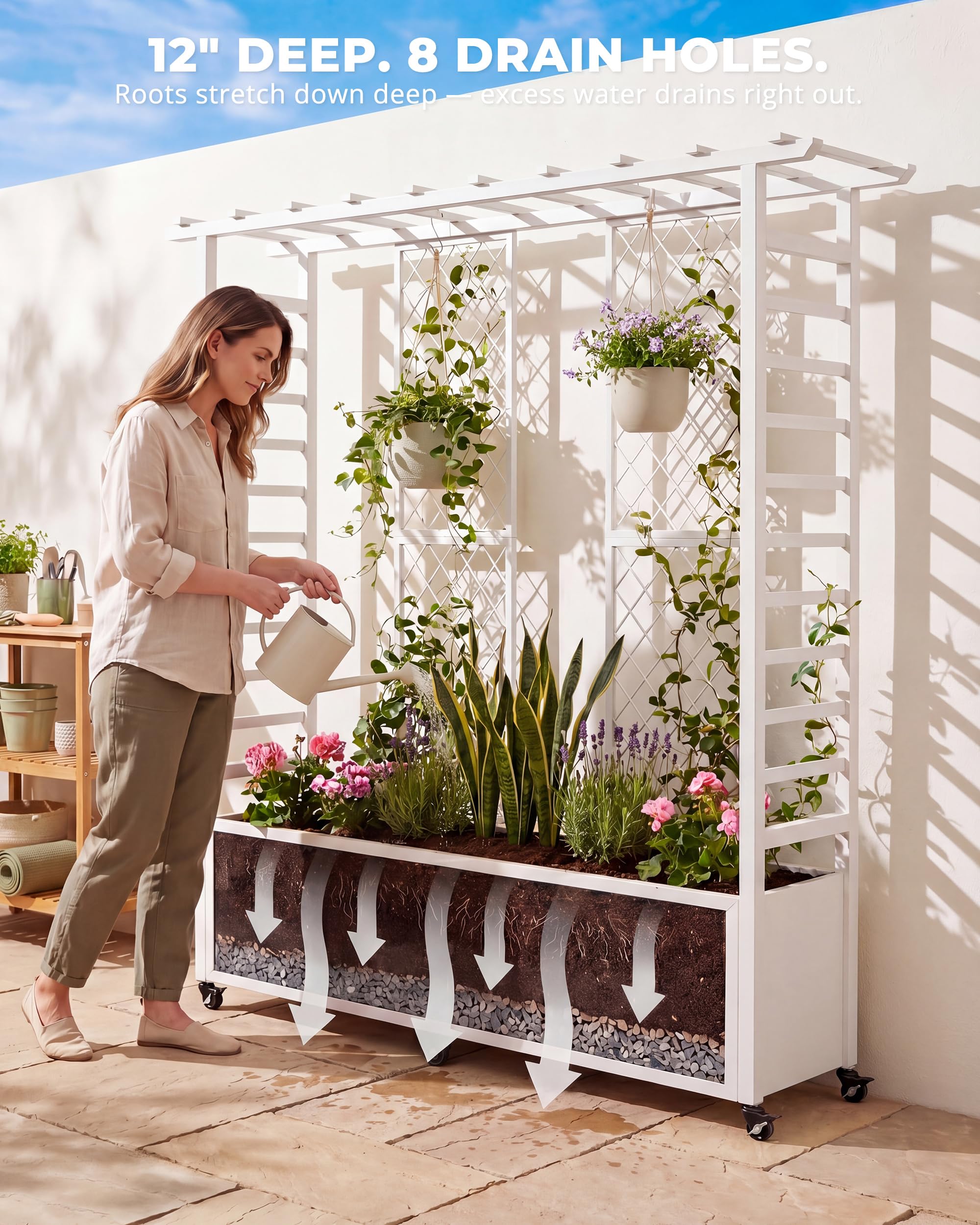 TinFrey Metal Raised Garden Bed with Trellis, 77" Double Planter Box with Pergola Top & Diamond Lattice, 6 Wheels (4 Lockable), Outdoor Trellis Planter for Climbing Plants Vines Flowers, White